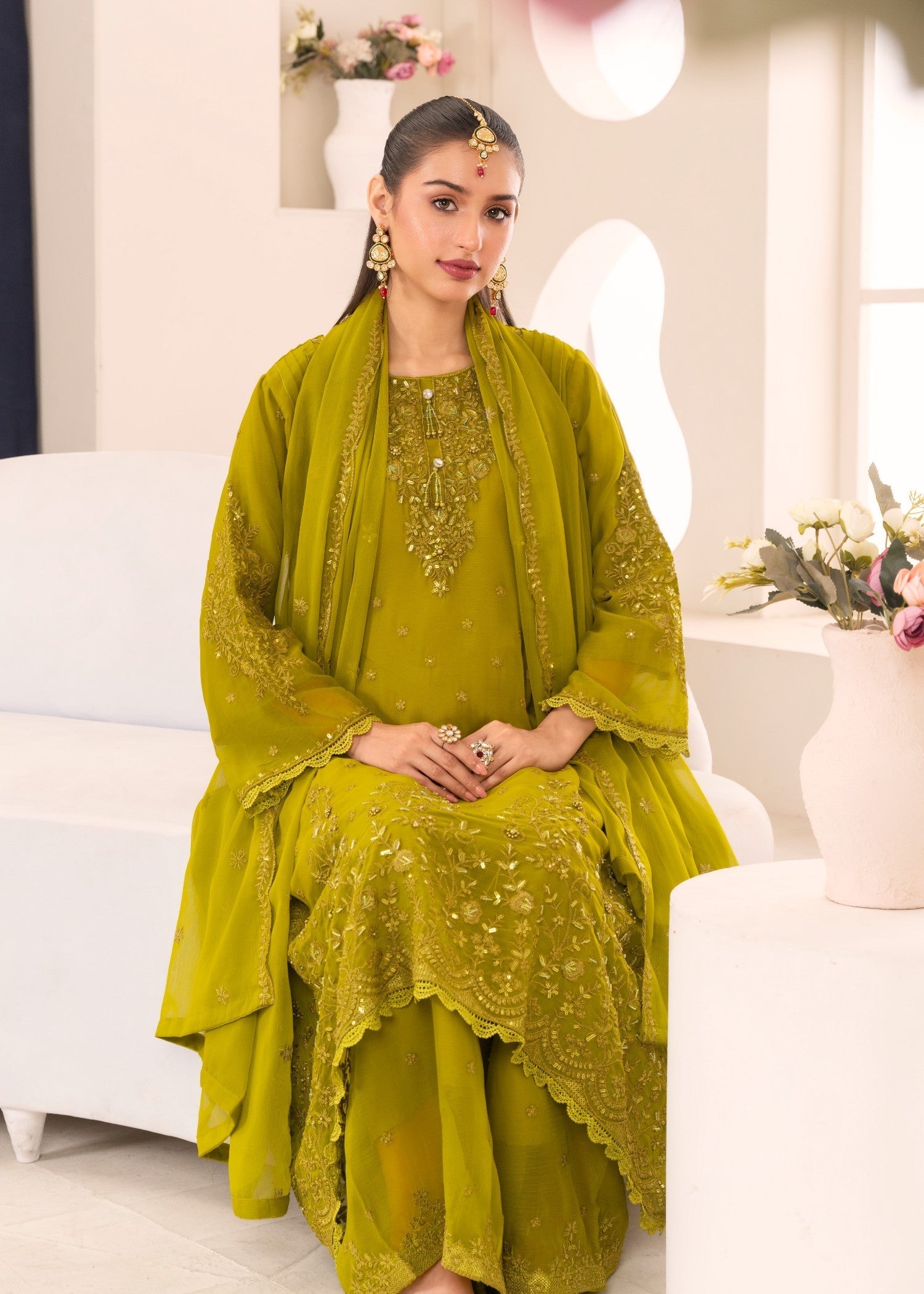 chiffon Pishwas in Yellow green