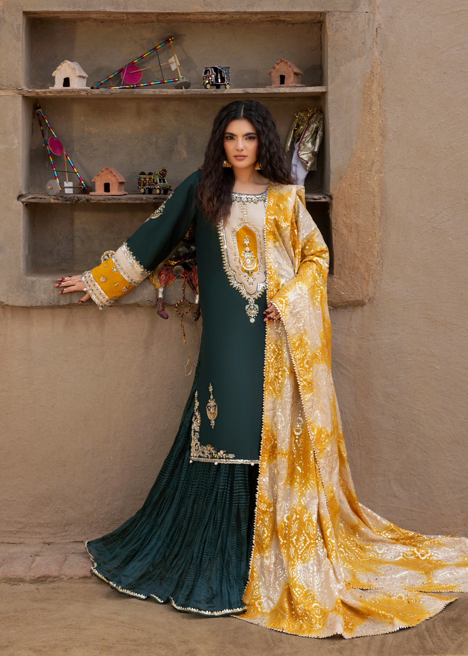 korean raw silk Sharara in Emerald green