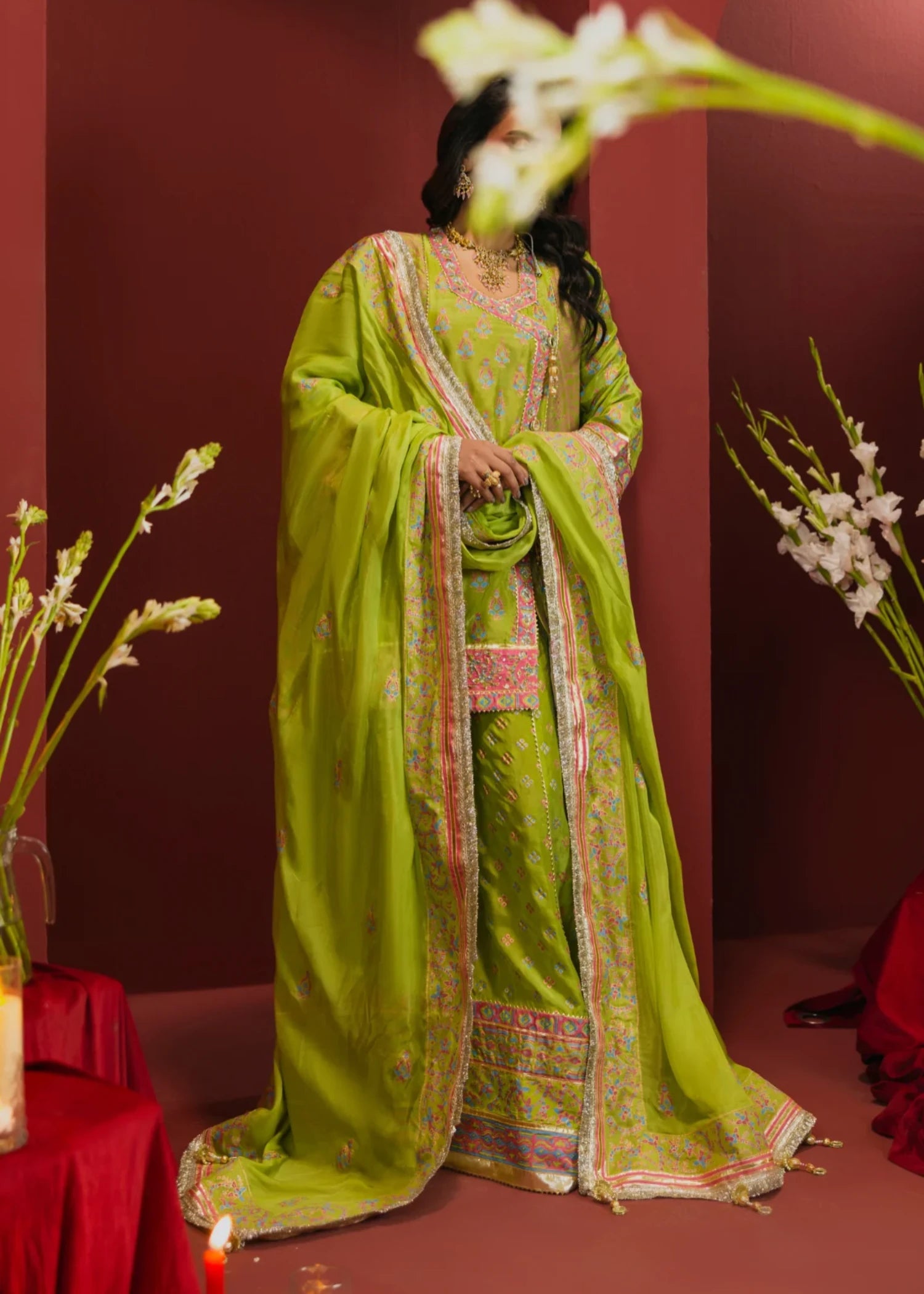 tussar silk Unstitched in Apple green