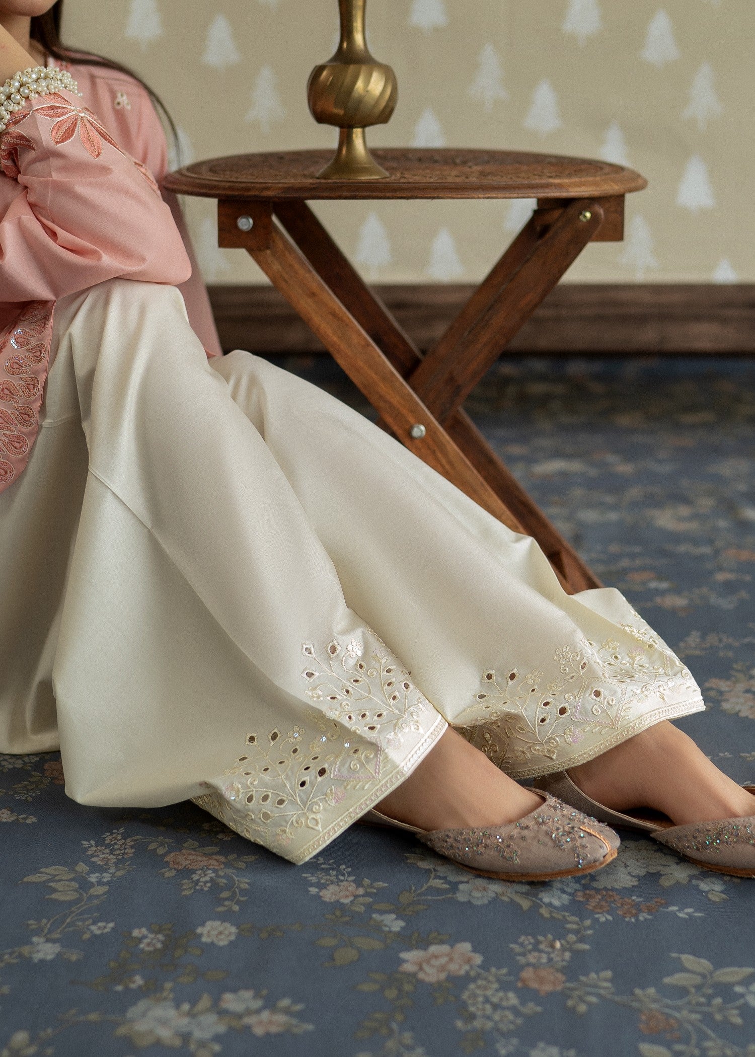 lawn Kurta Set in Off-white, peach pink