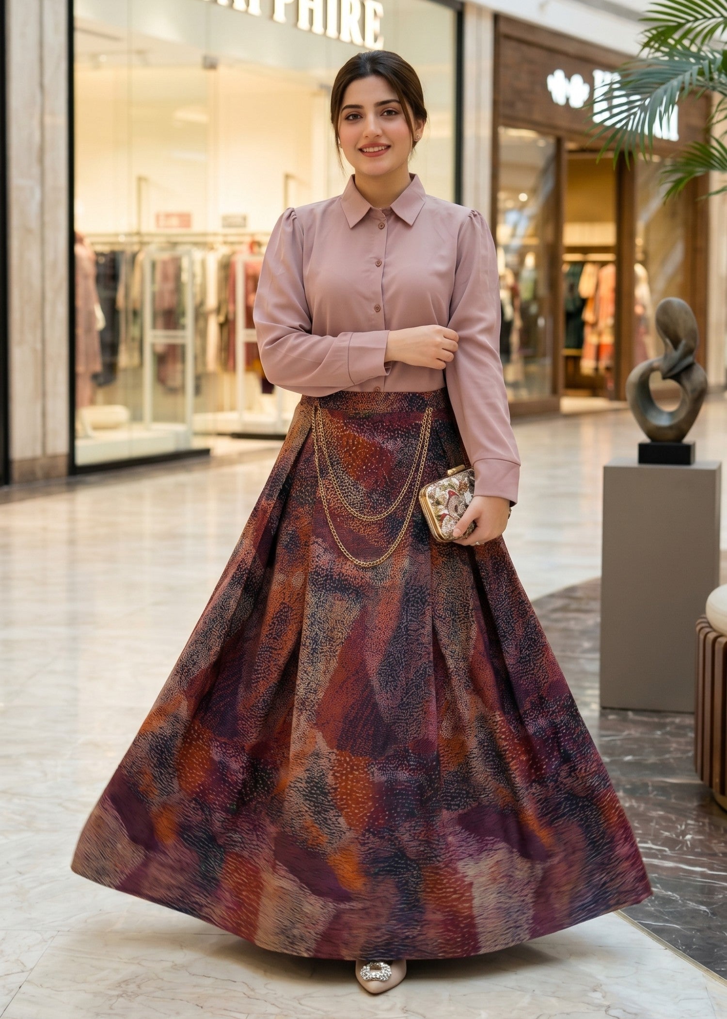 georgette Skirt in Brown, chocolate brown, wheat