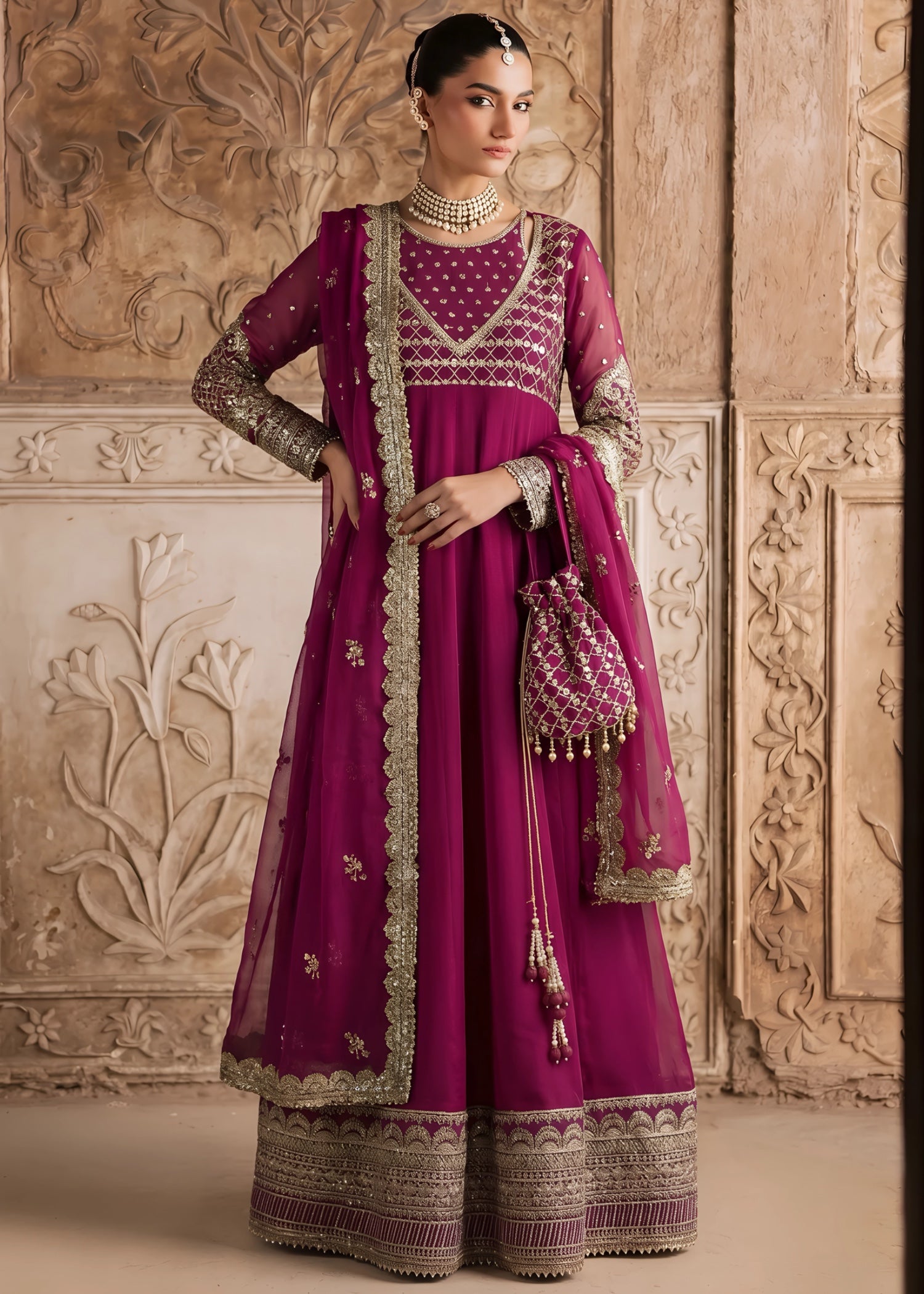 chiffon Pishwas in Magenta