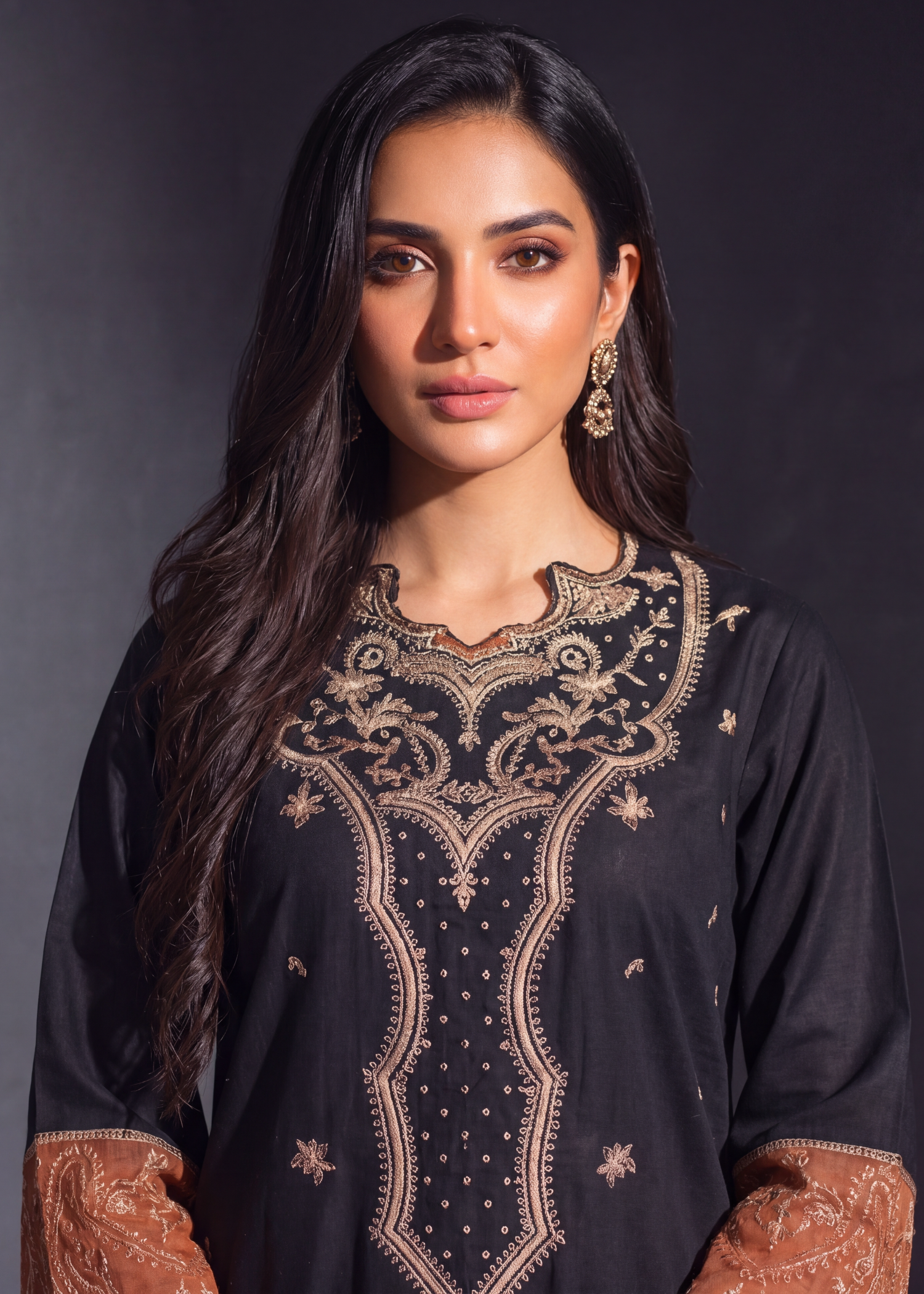 cotton Kurta Set in Black, pumpkin orange
