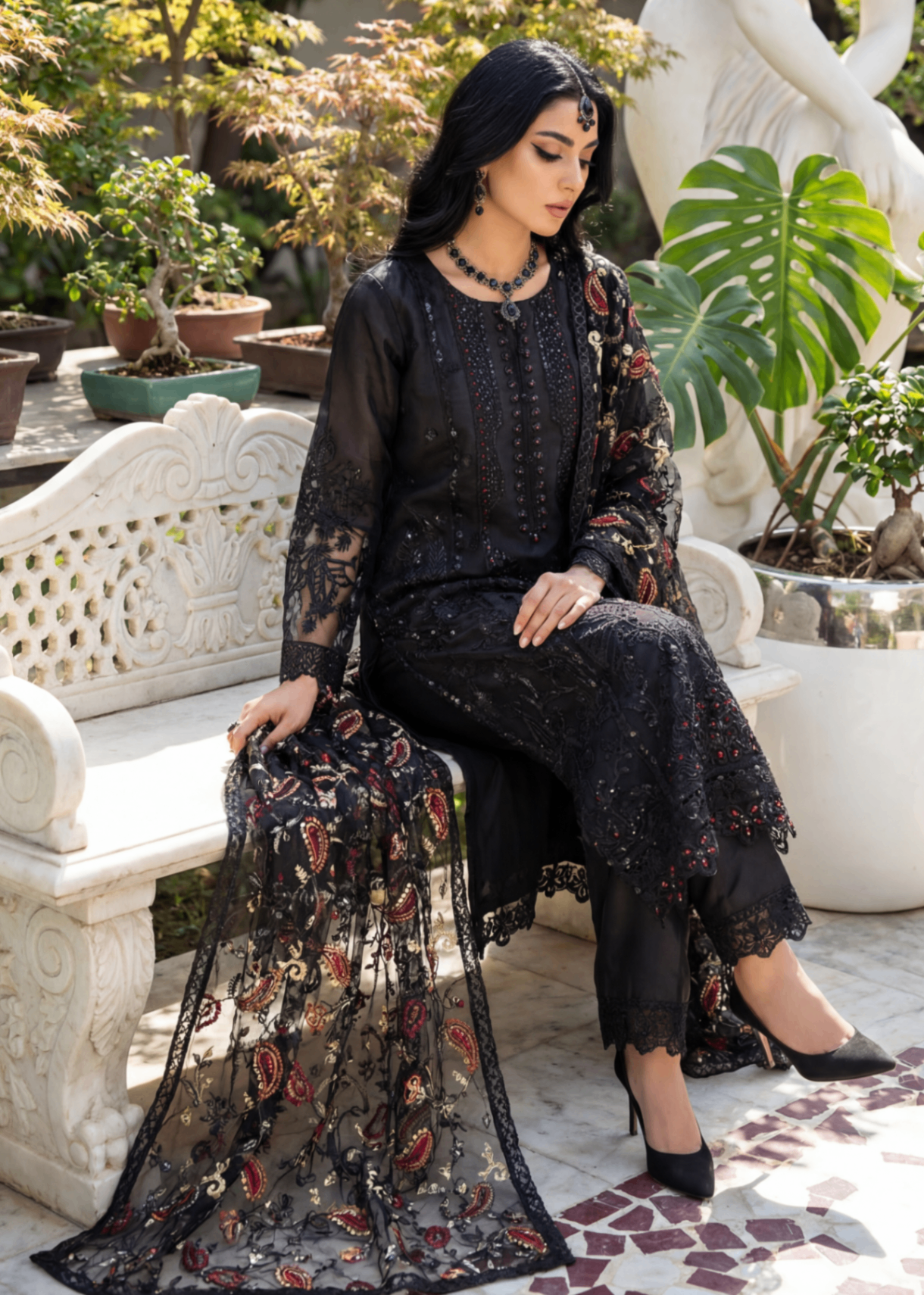 net Kurta Set in Black