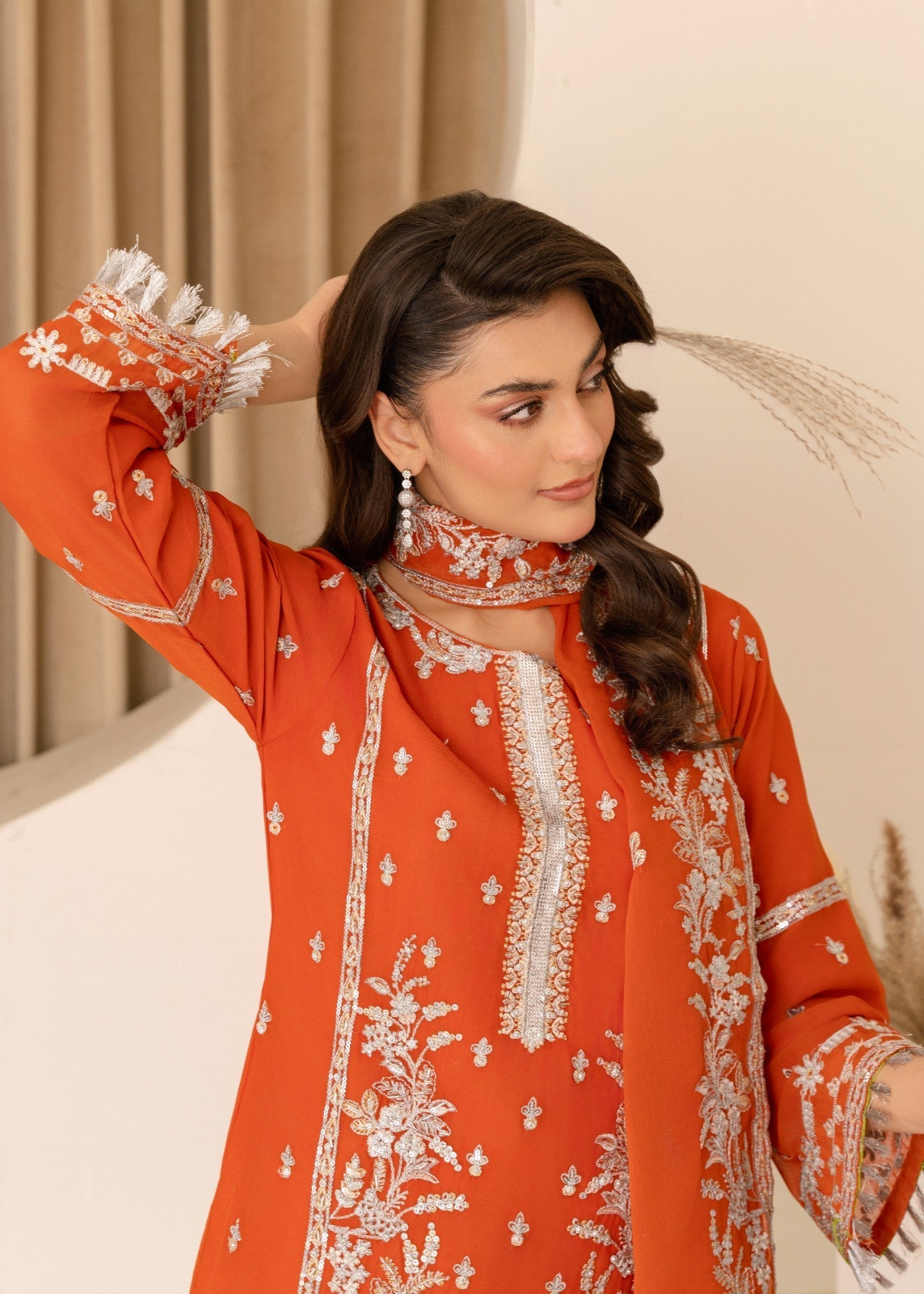 chiffon Kurta Set in Rust orange
