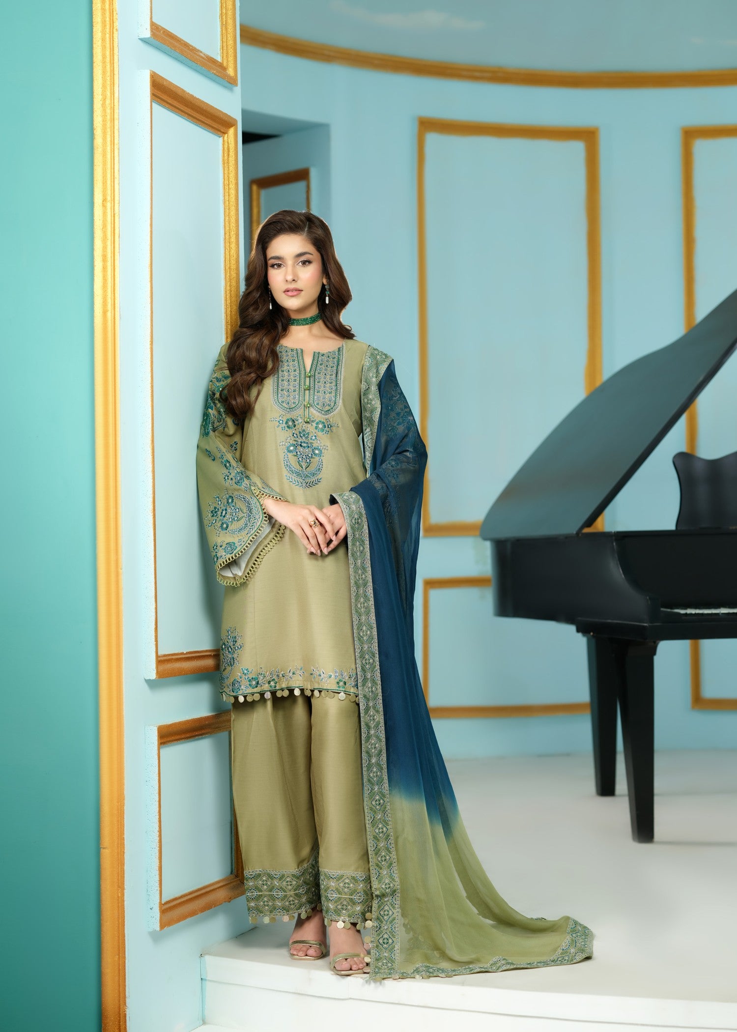 cambric cotton Kurta Set in Sage green