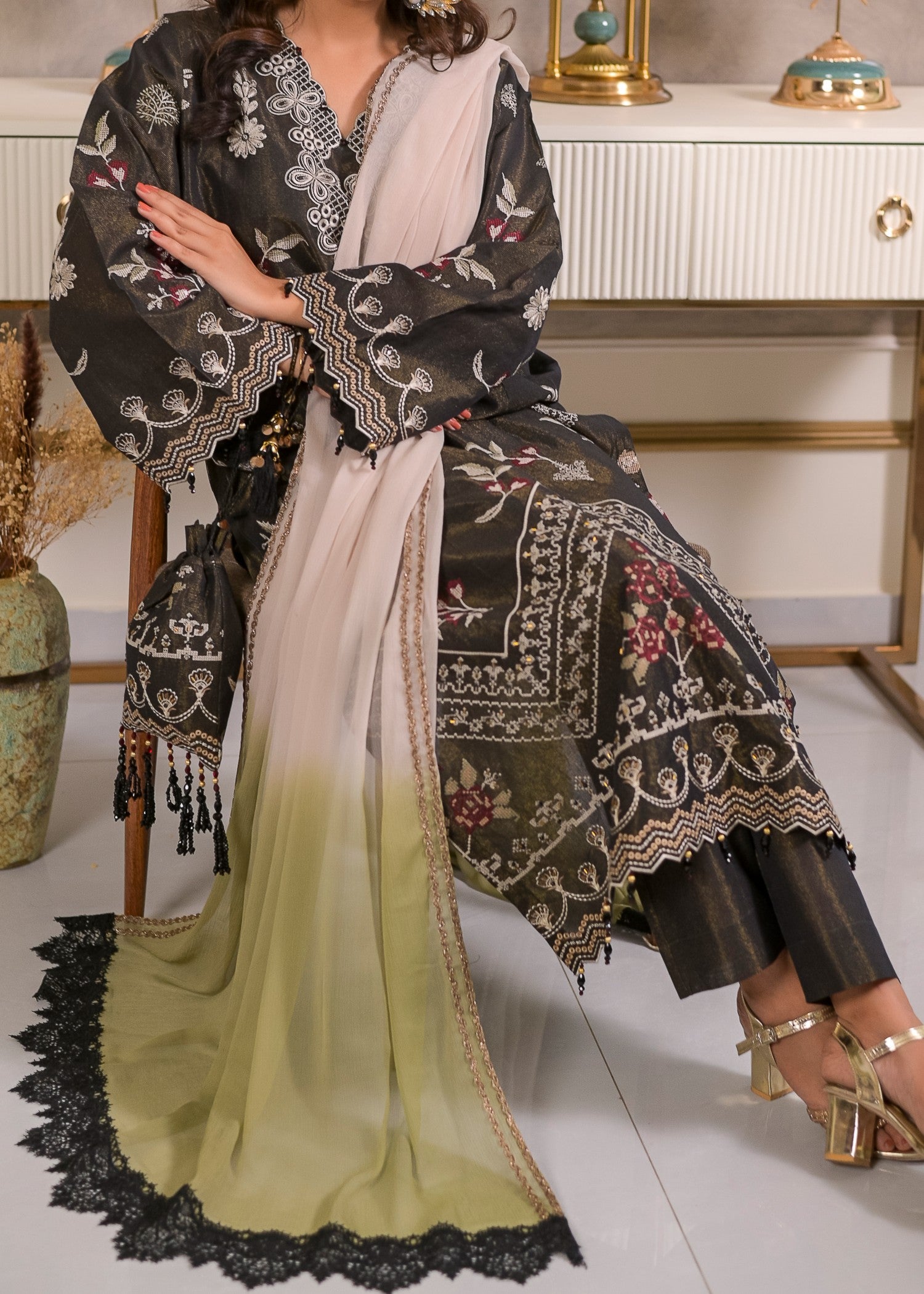 cotton masuri Kurta Set in Black, olive green