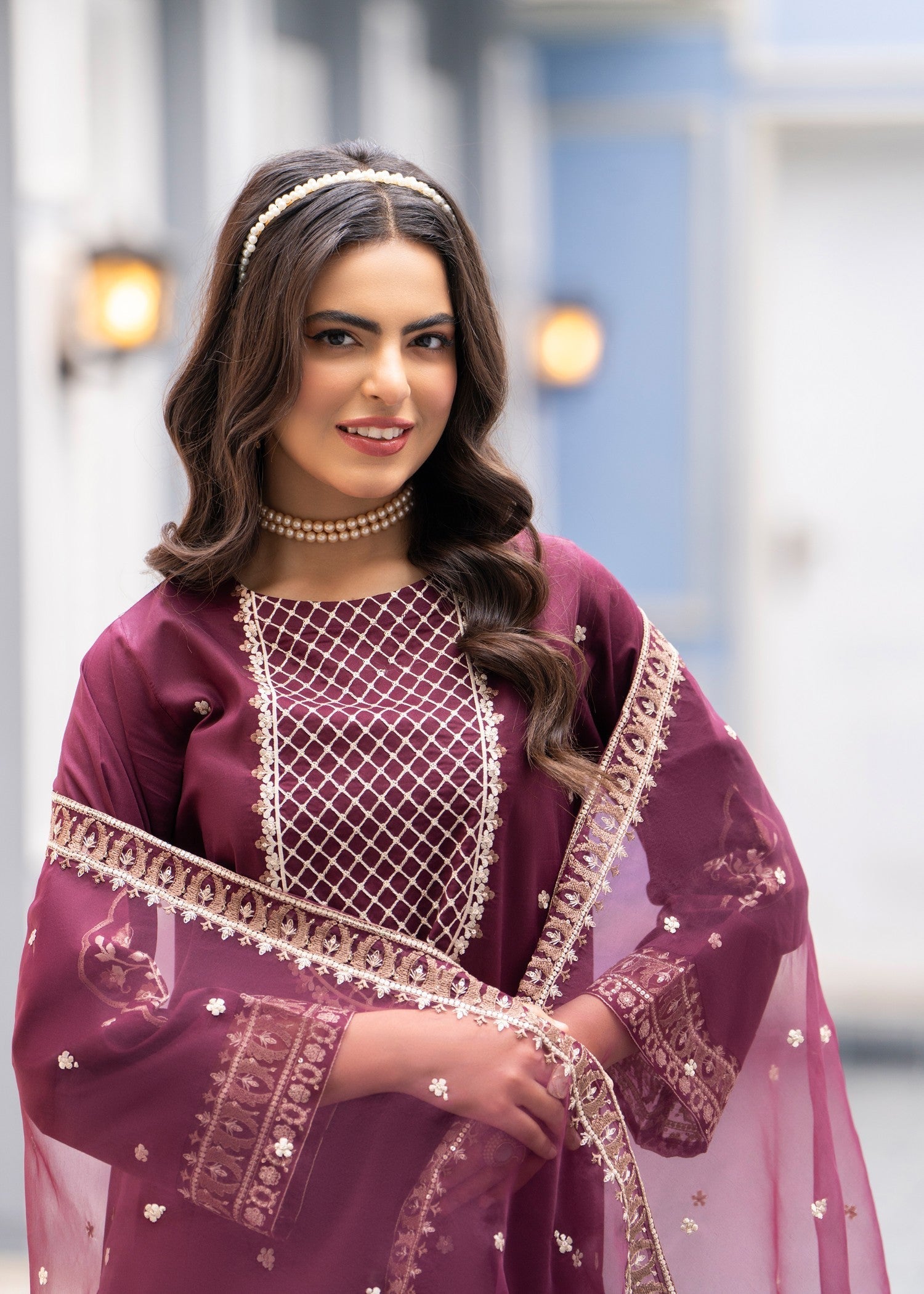lawn cotton Kurta Set in Burgundy