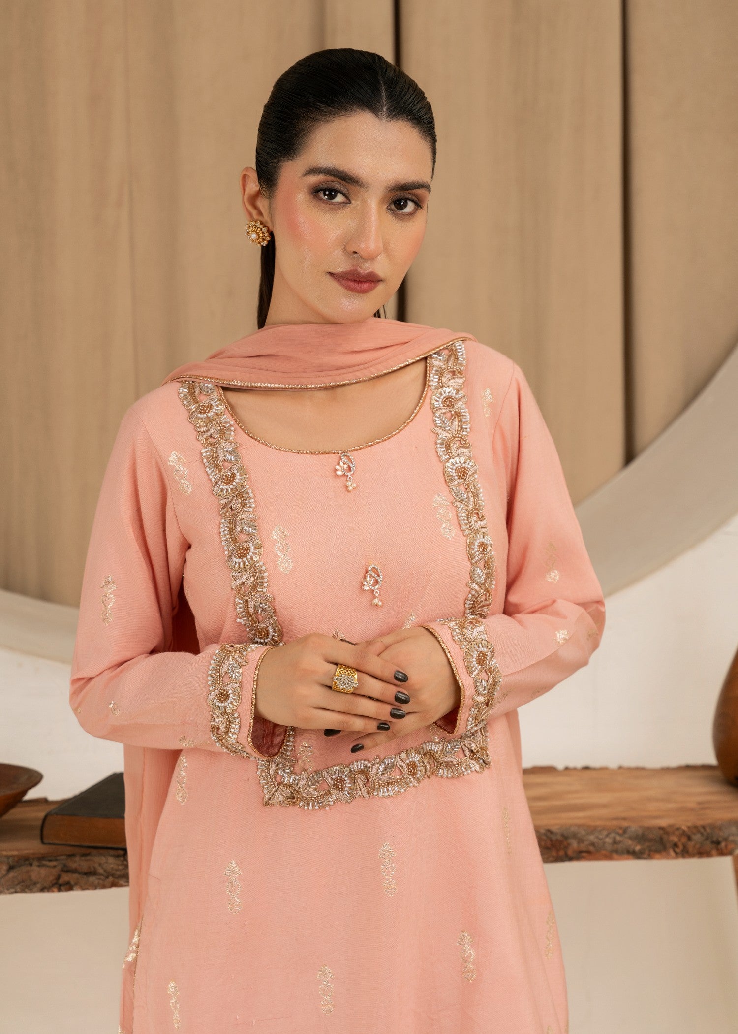jamawar Kurta Set in Peach pink