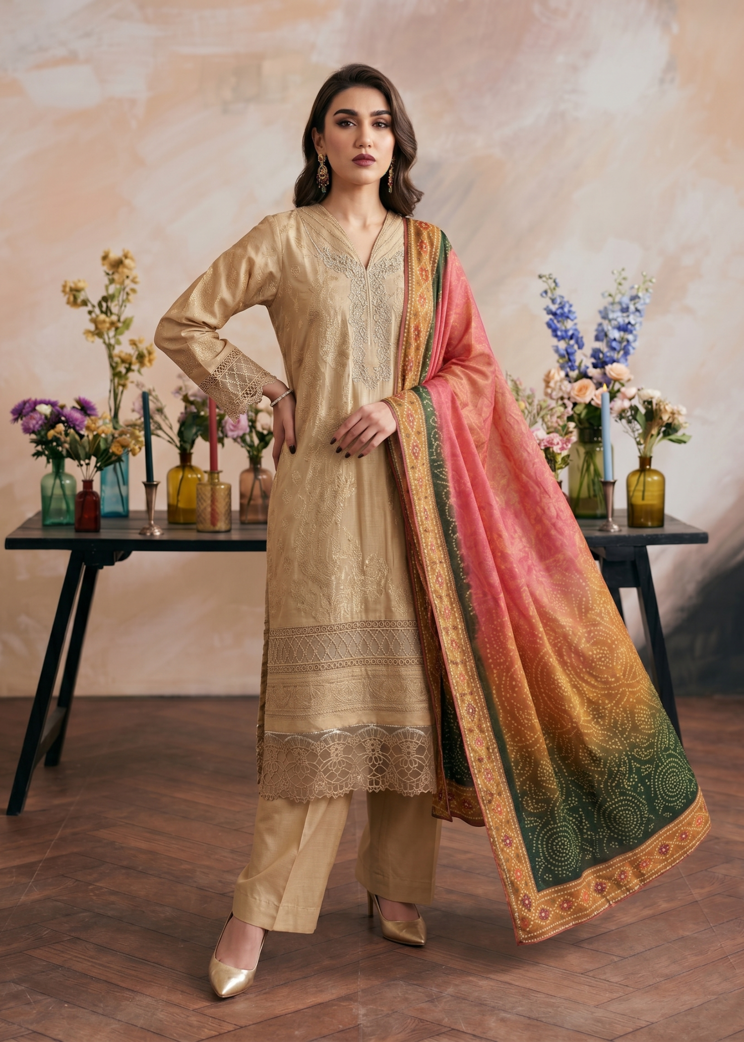 jacquard Kurta Set in Beige