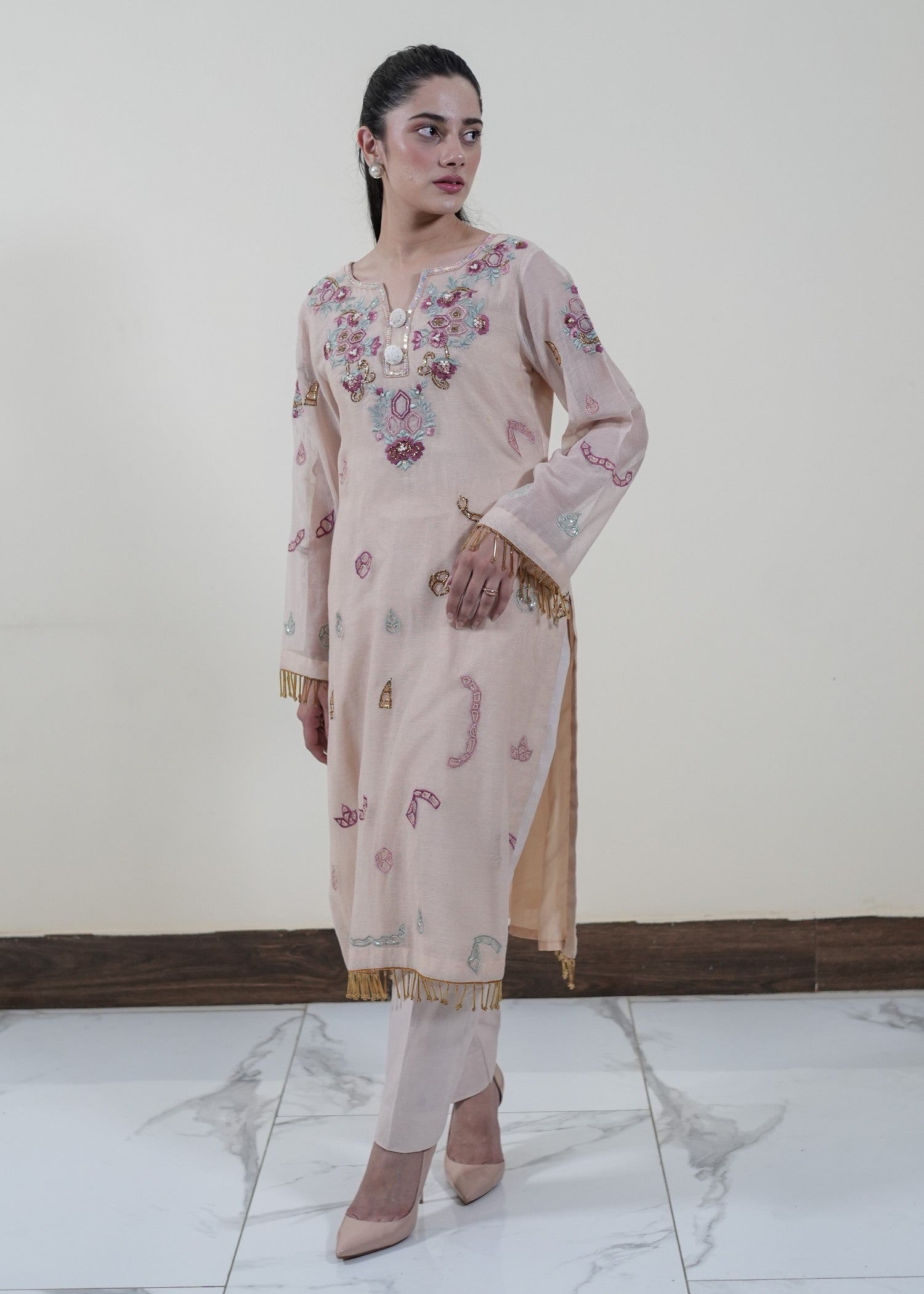 cotton net Kurta Set in Beige