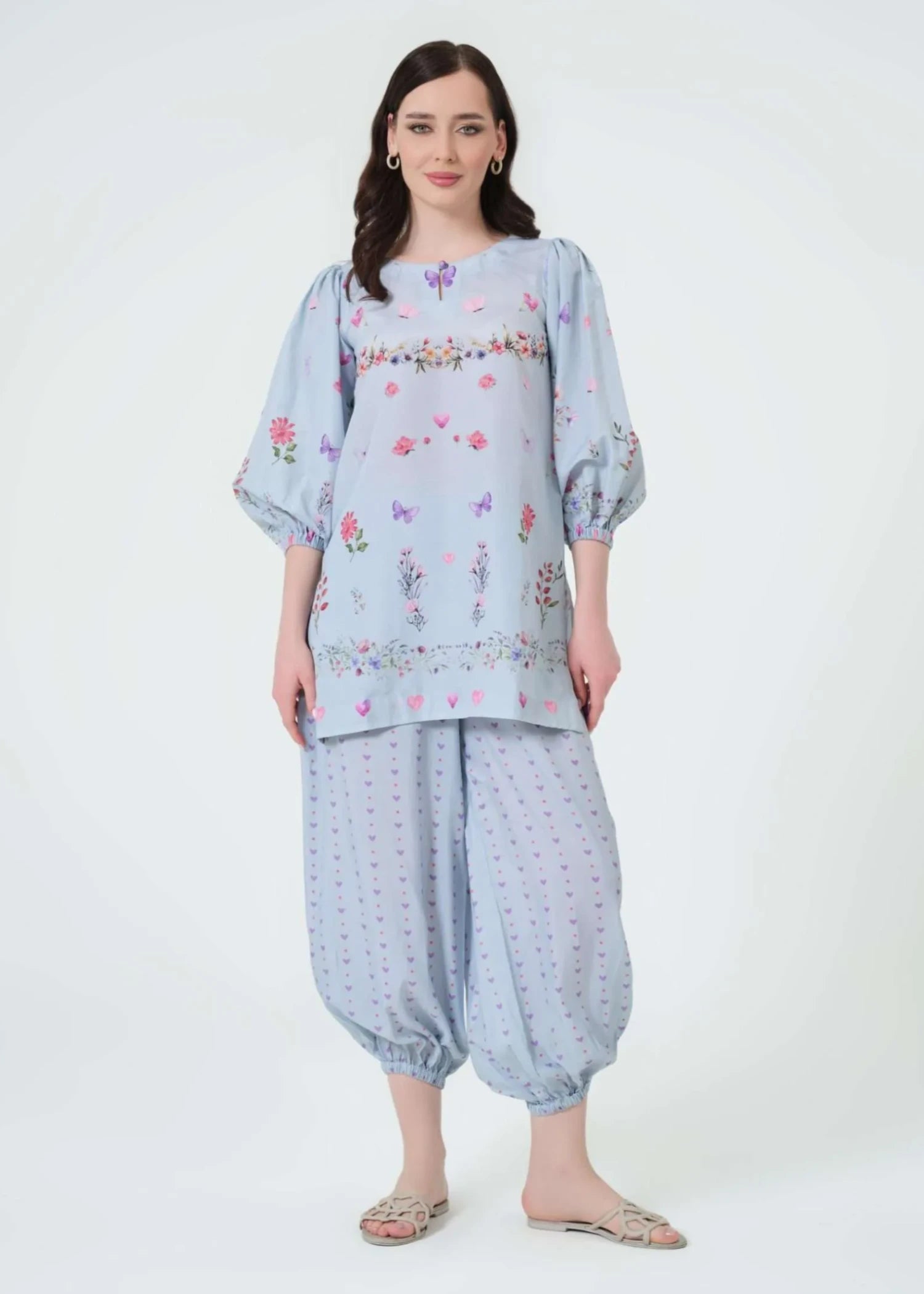 swiss lawn Kurta Set in Light blue
