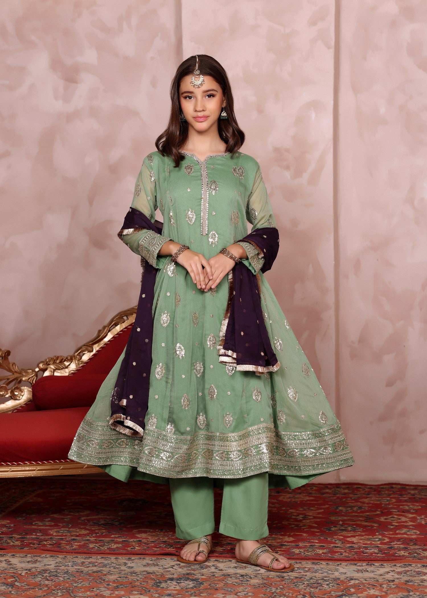 chiffon Pishwas in Pastel green