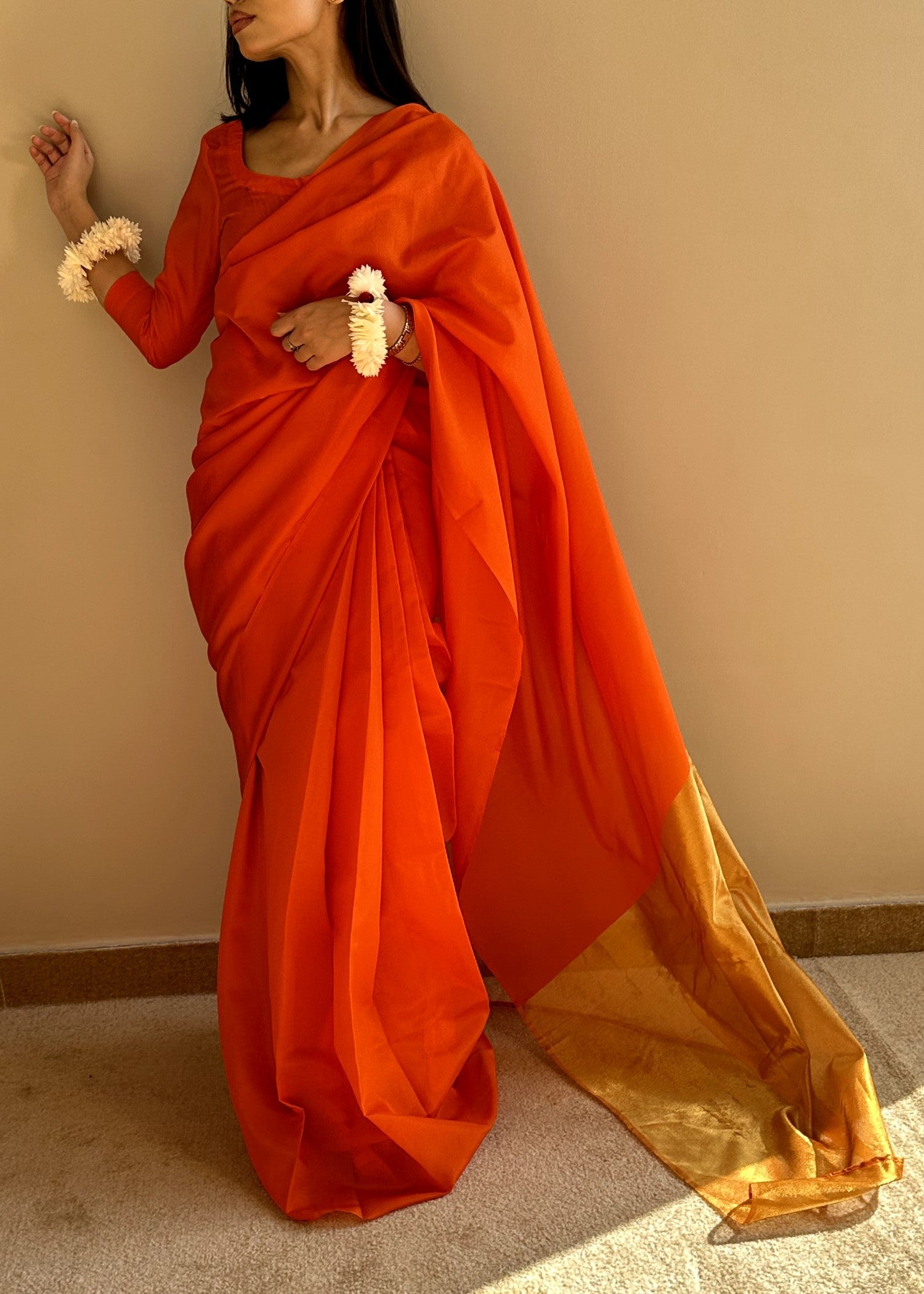 kattan silk Saree in Pumpkin orange