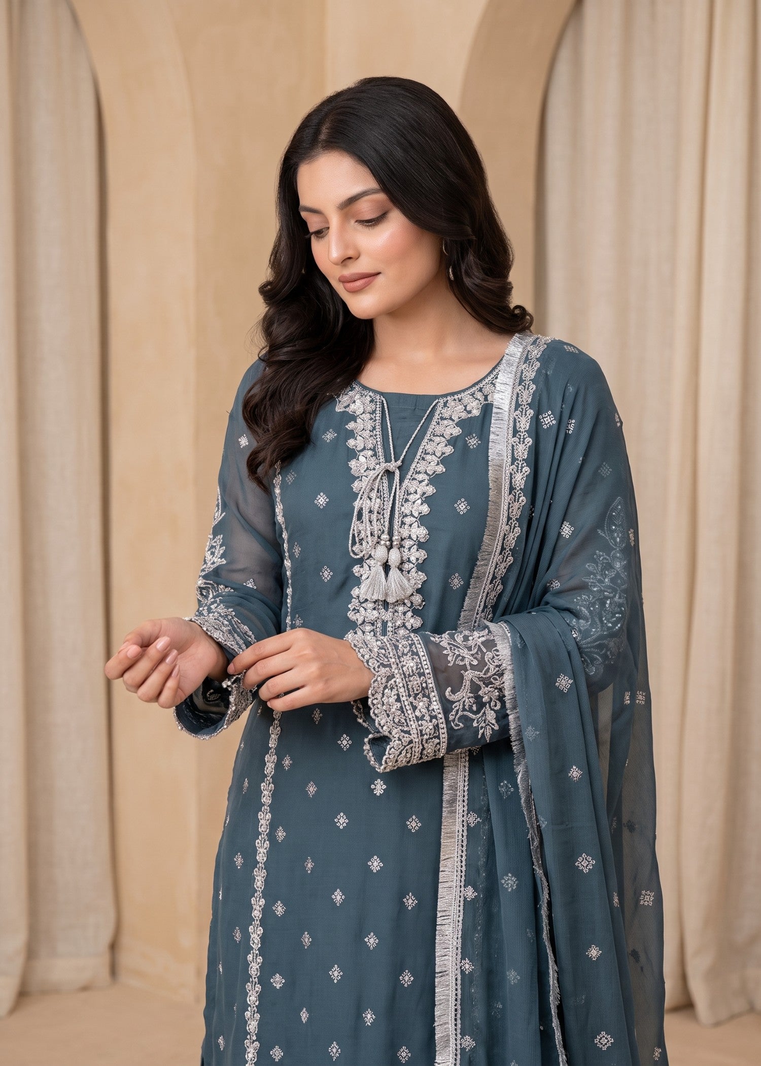 chiffon Gharara in Steel teal