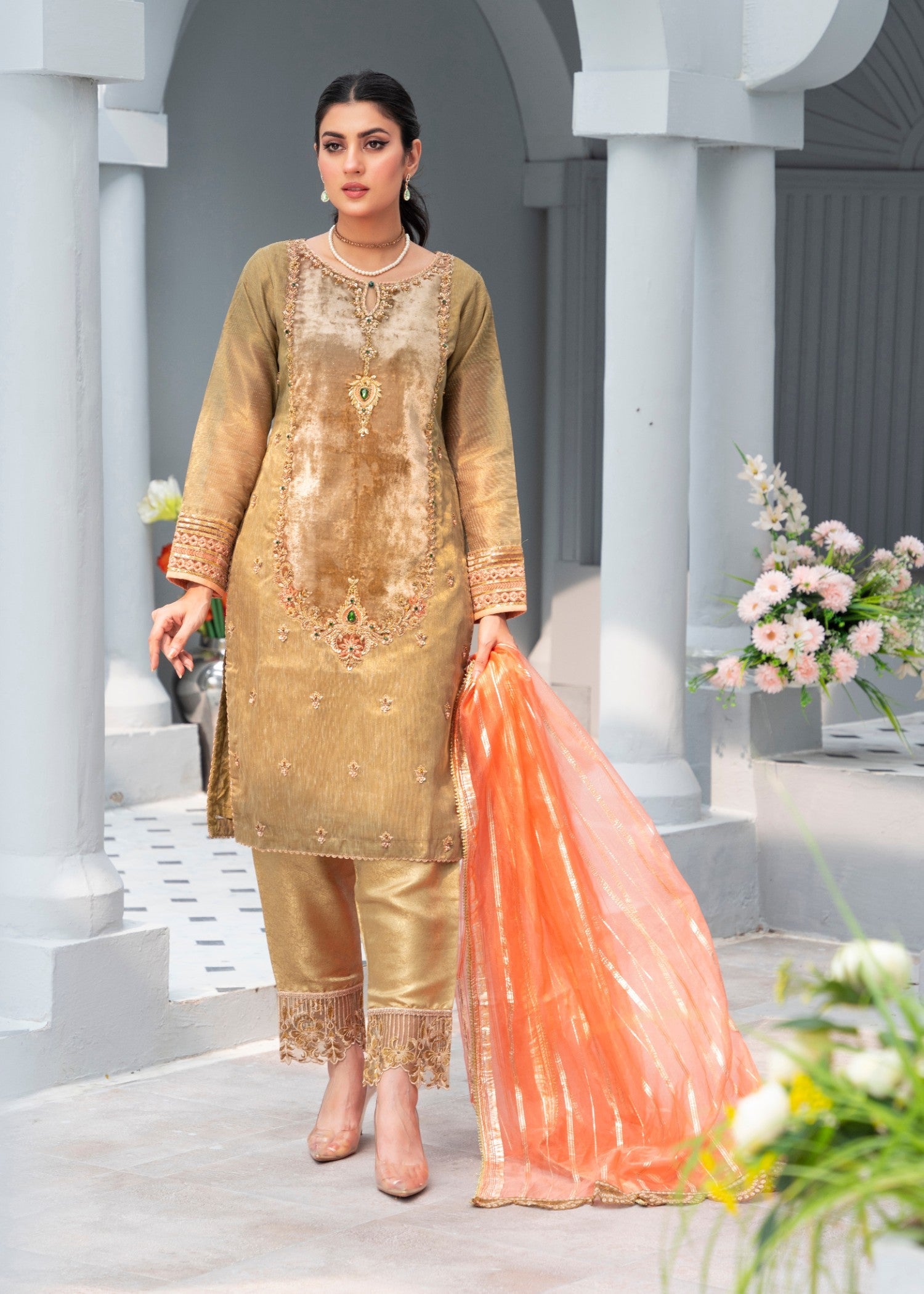 khaddi net Kurta Set in Brown