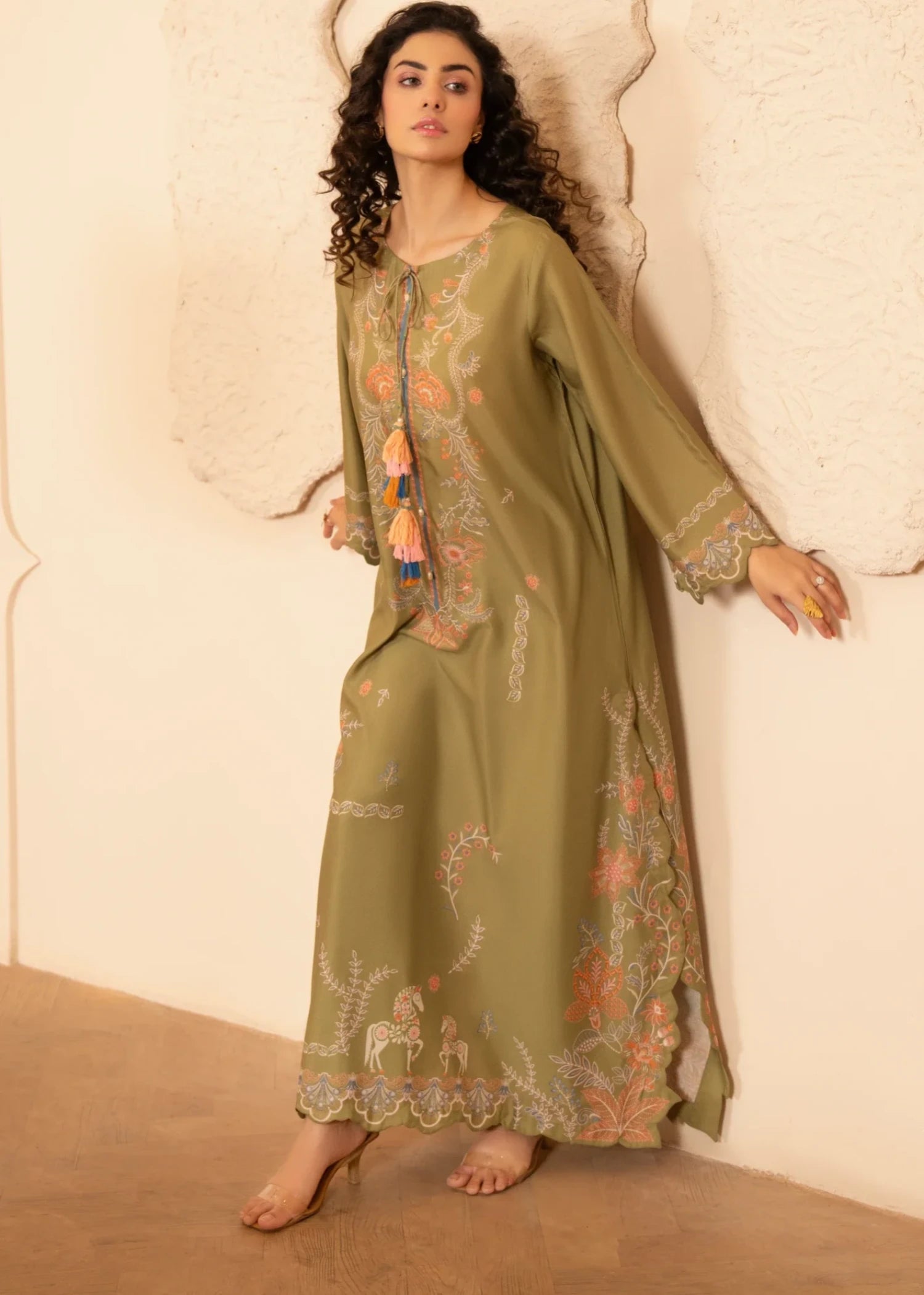 zari lawn Kaftan in Olive green