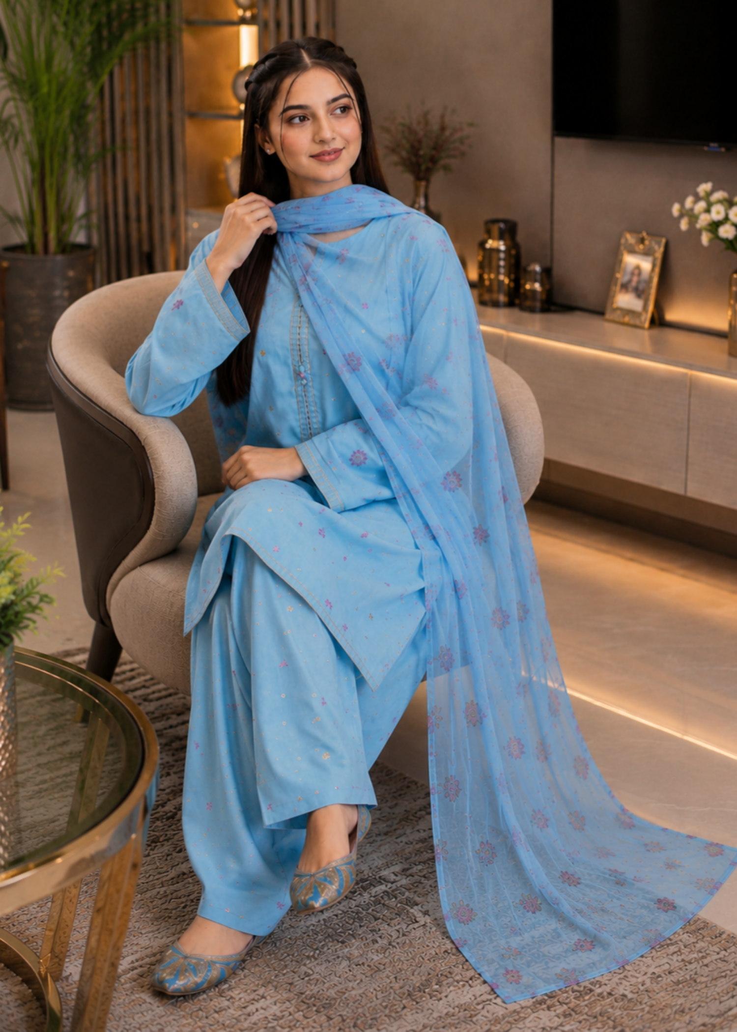 cotton linen Kurta Set in Sky