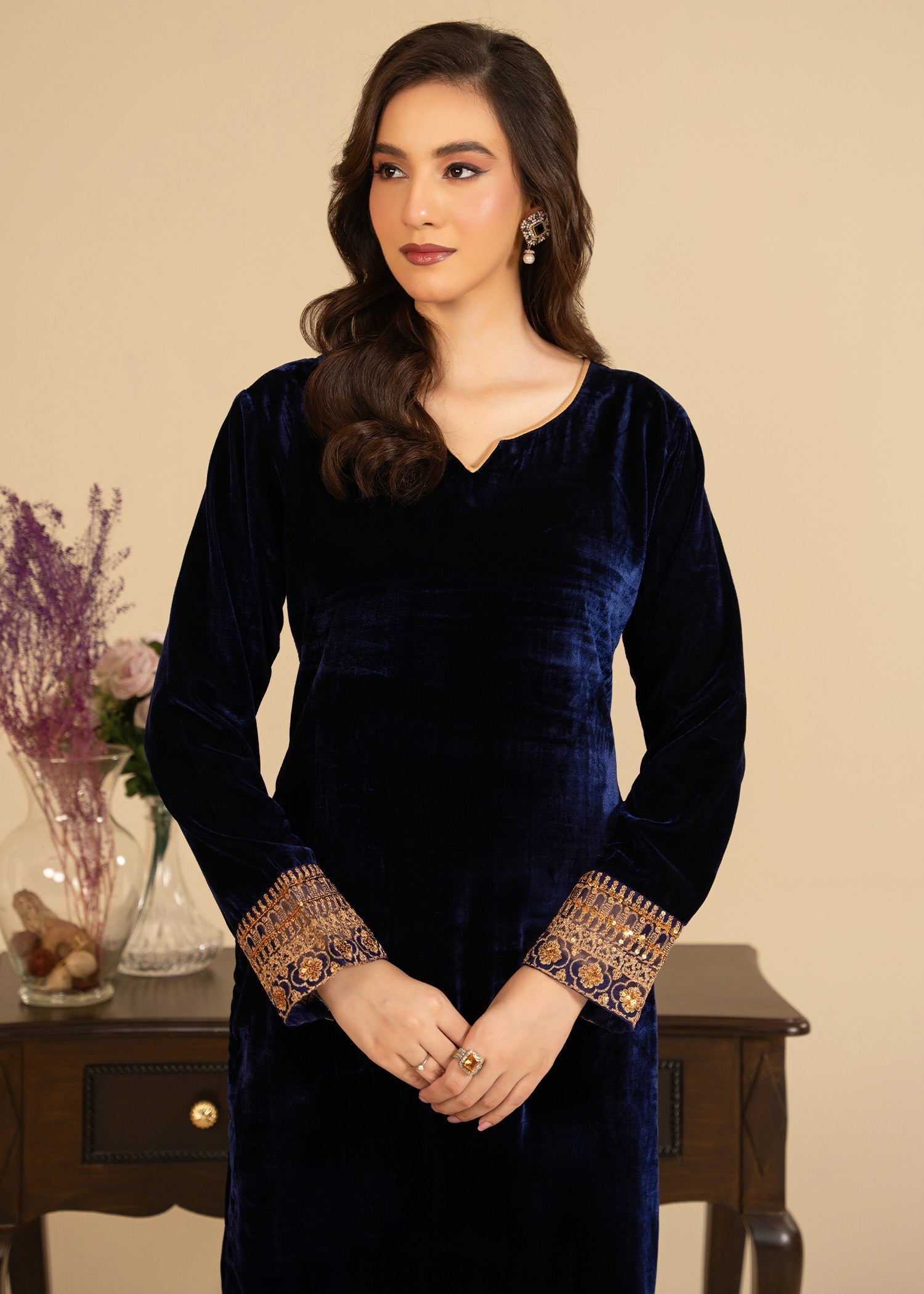 velvet Kurta Set in Navy blue