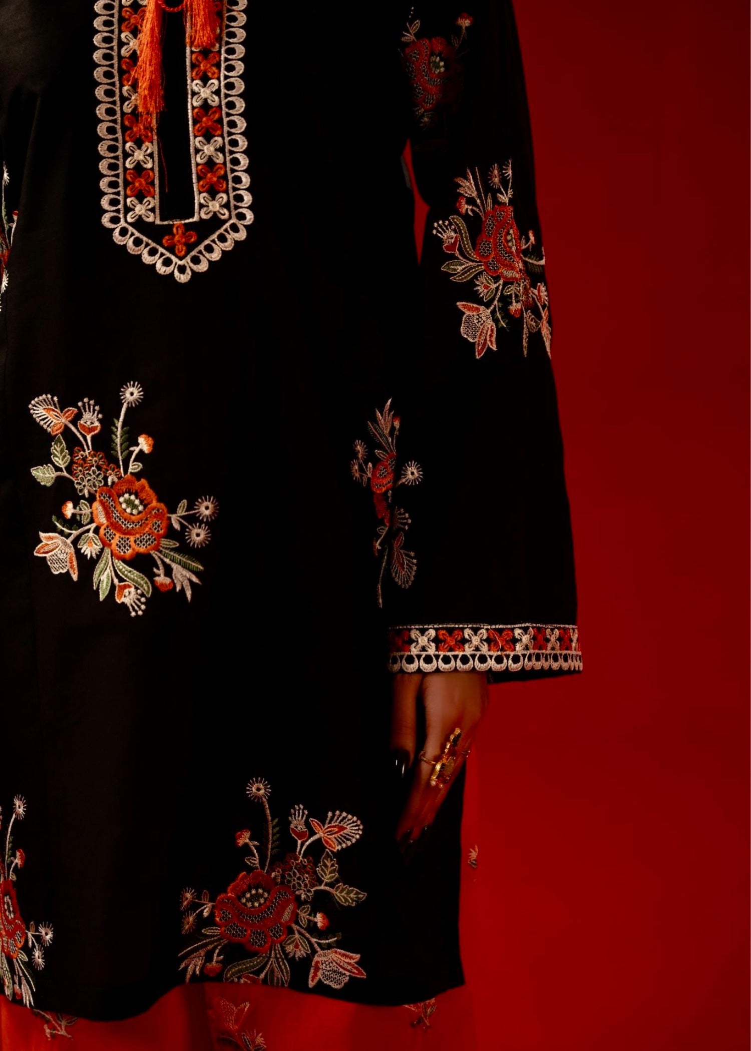 cambric Kurta Set in Black, pumpkin orange