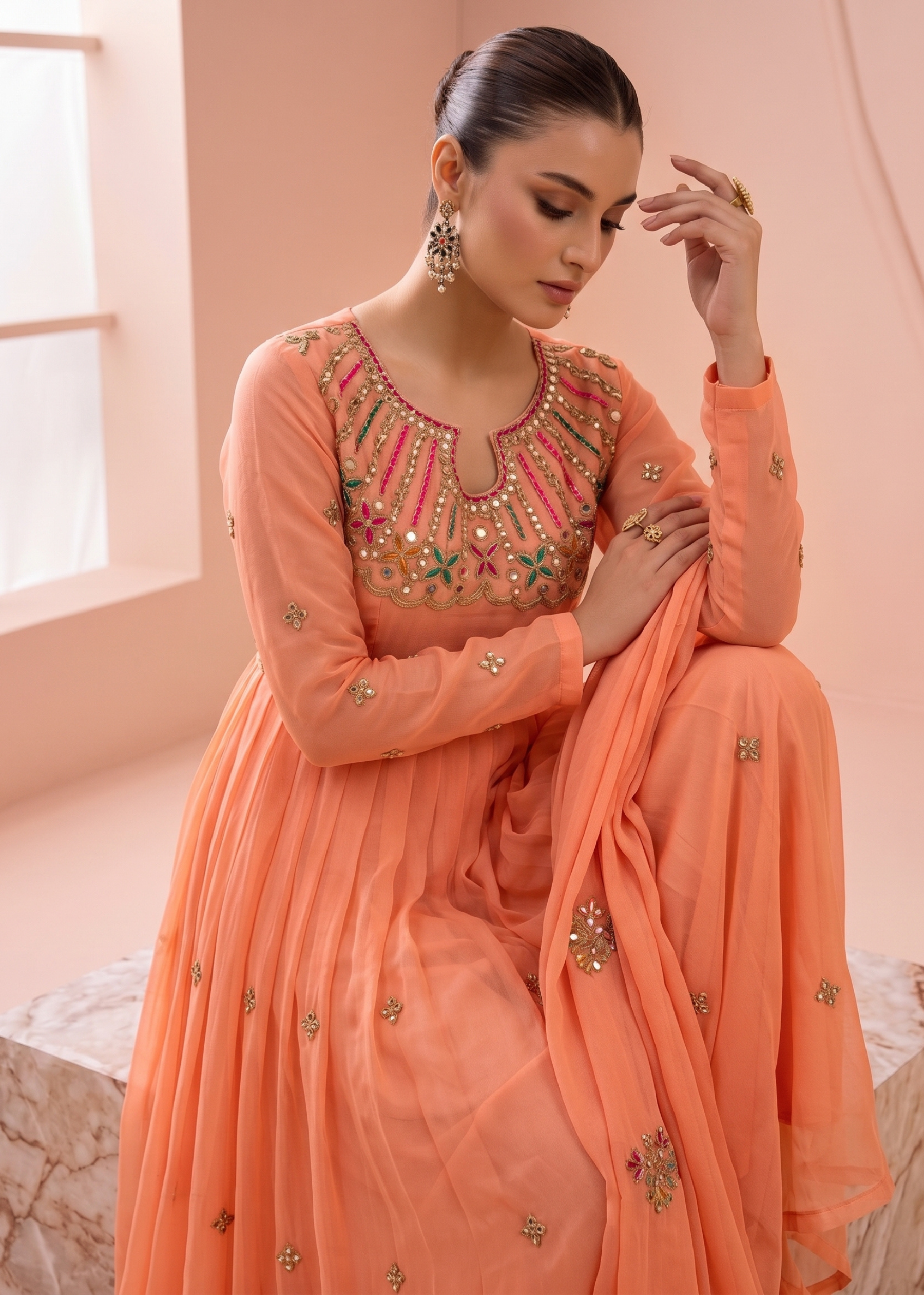 organza Anarkali in Peach orange