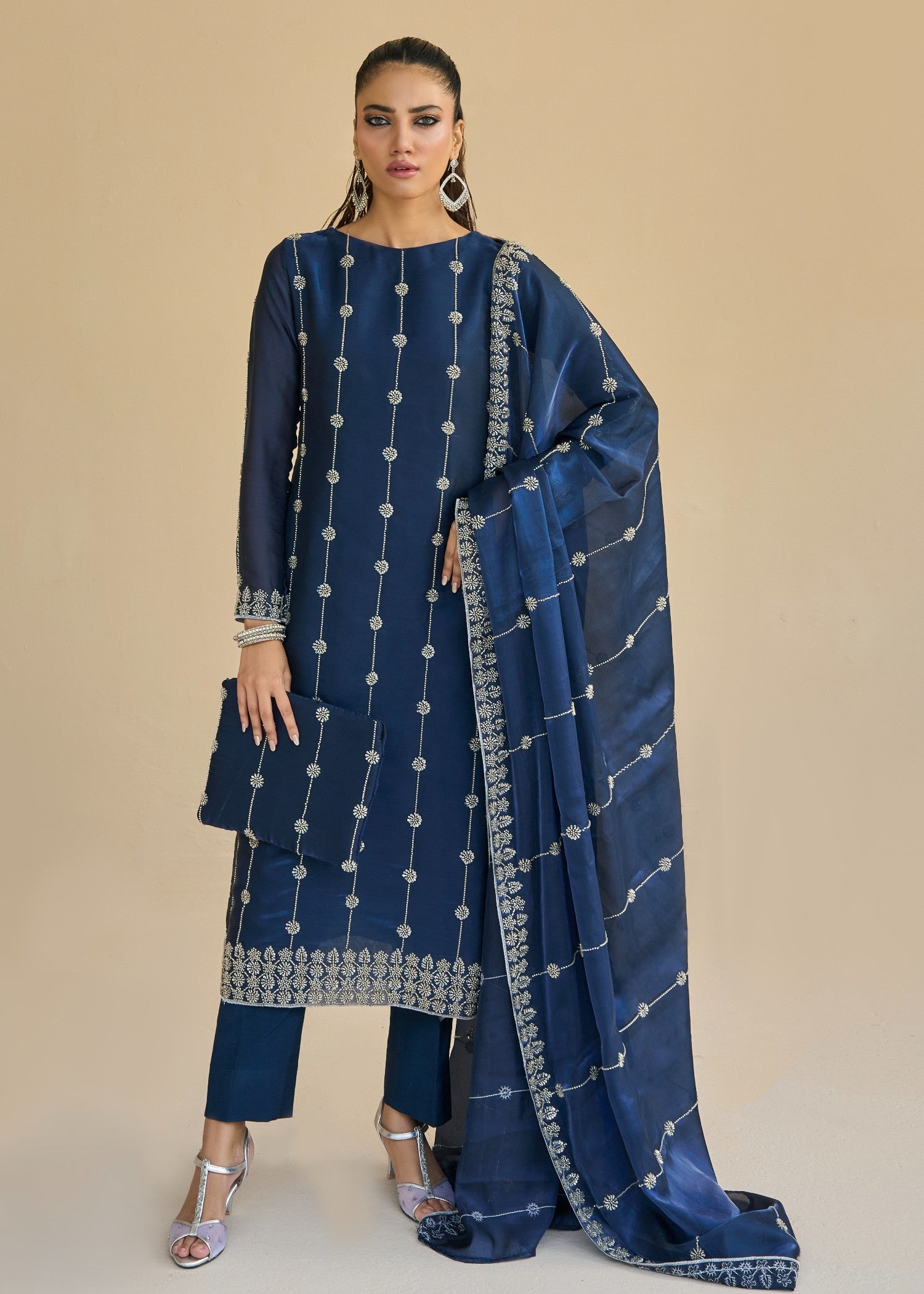 paper silk Kurta Set in Navy blue