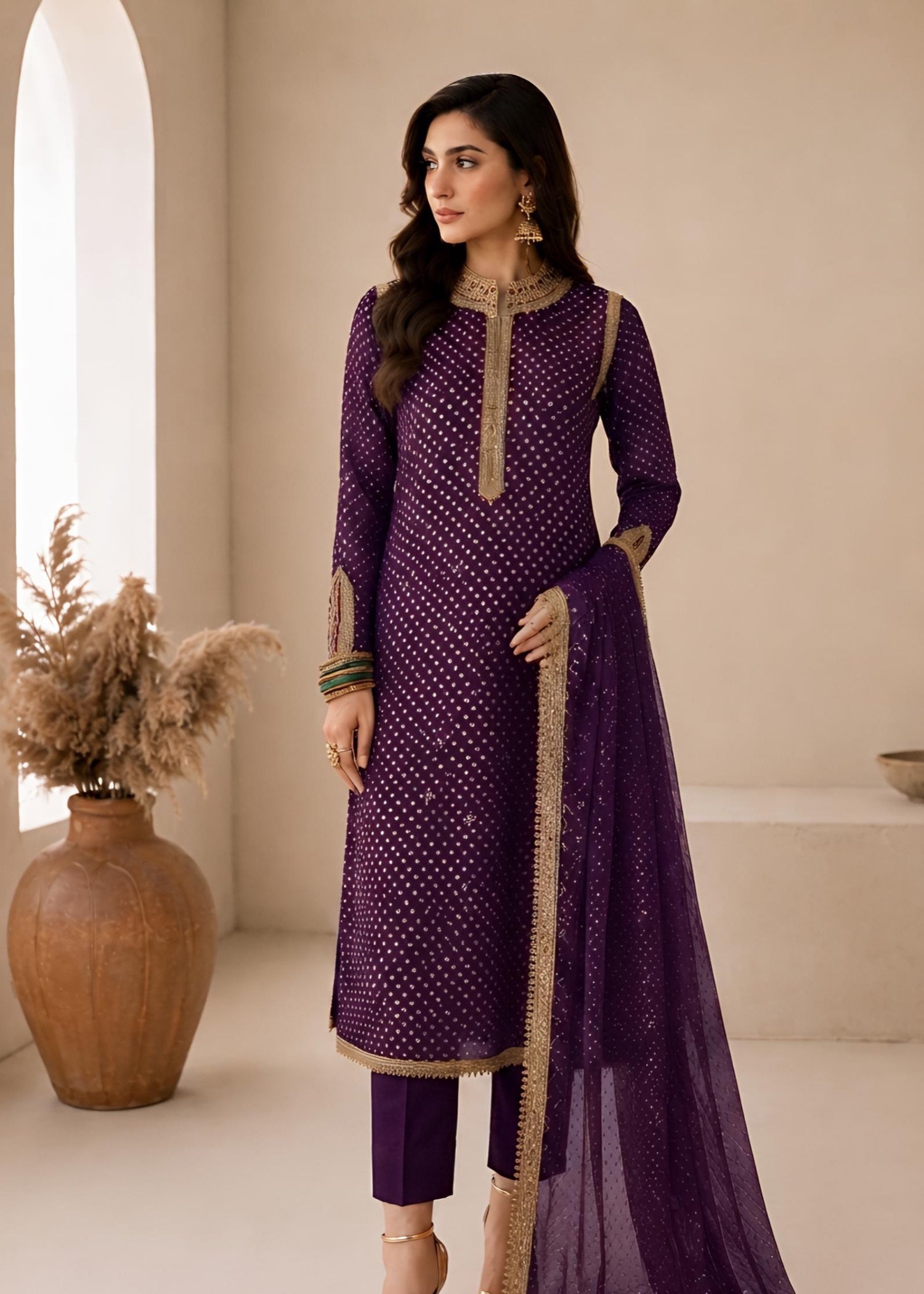 swiss lawn Kurta Set in Plum purple