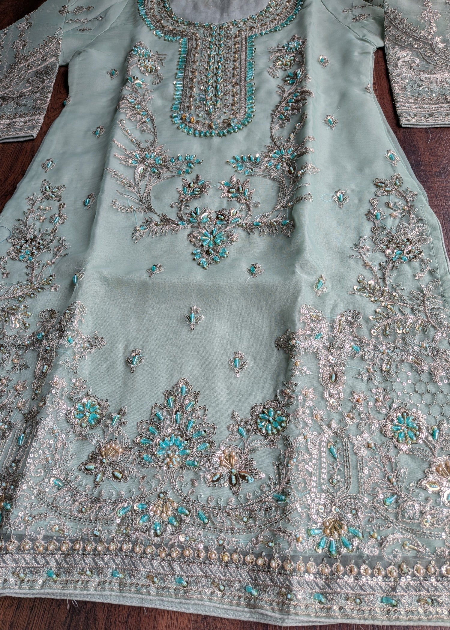 organza Gharara in Pastel green, peach pink