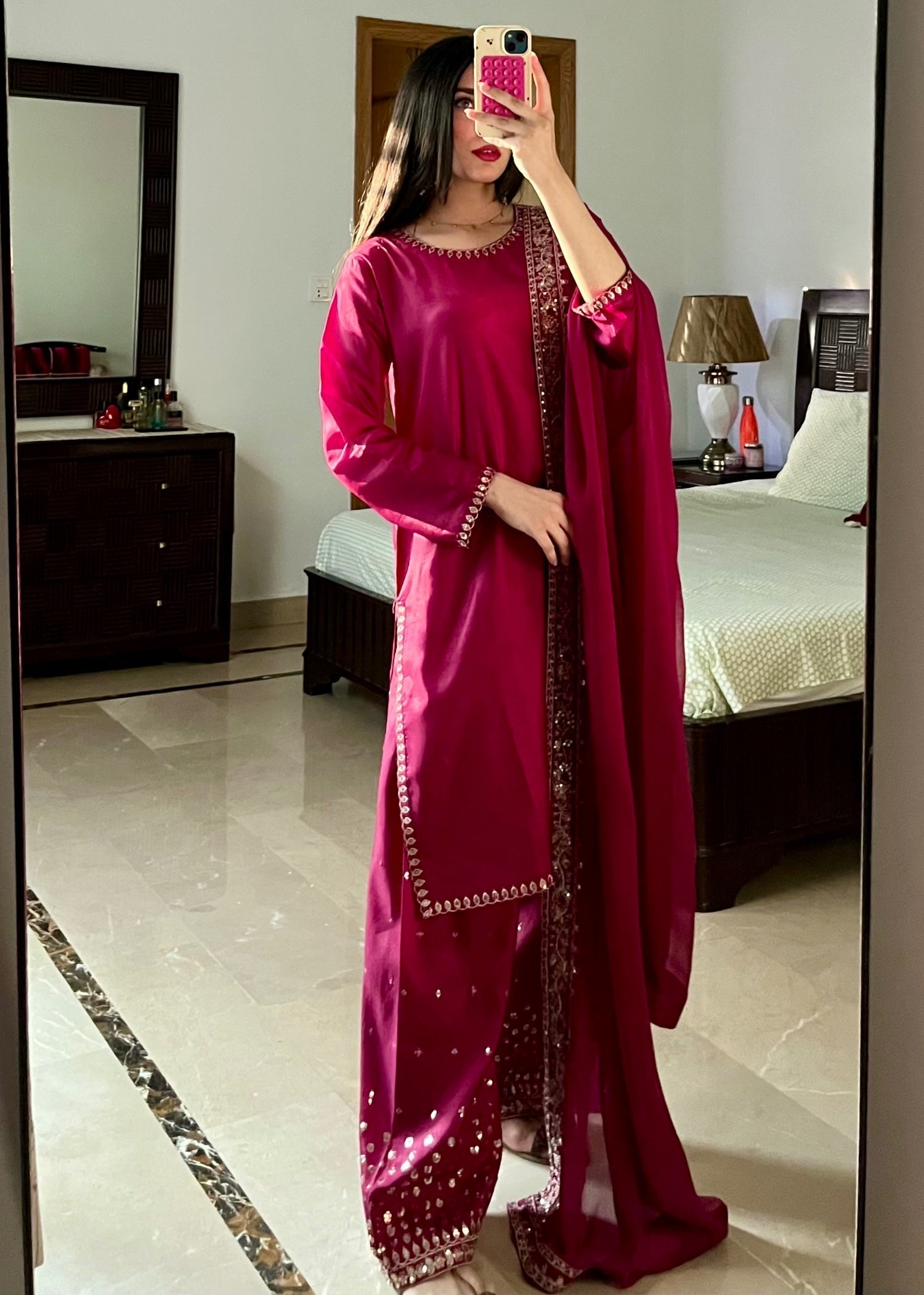 kattan silk Kurta Set in Magenta haze