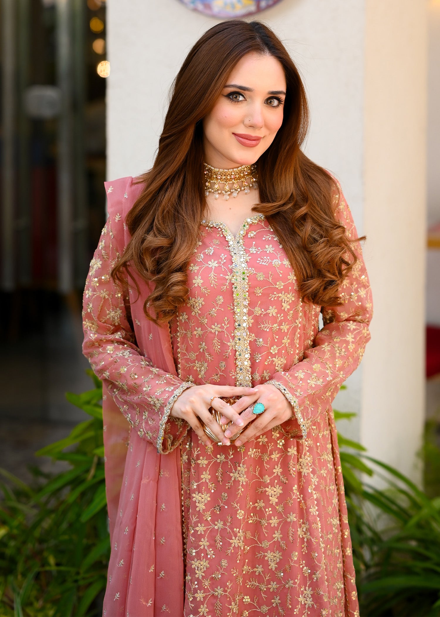 chiffon Pishwas in Coral pink