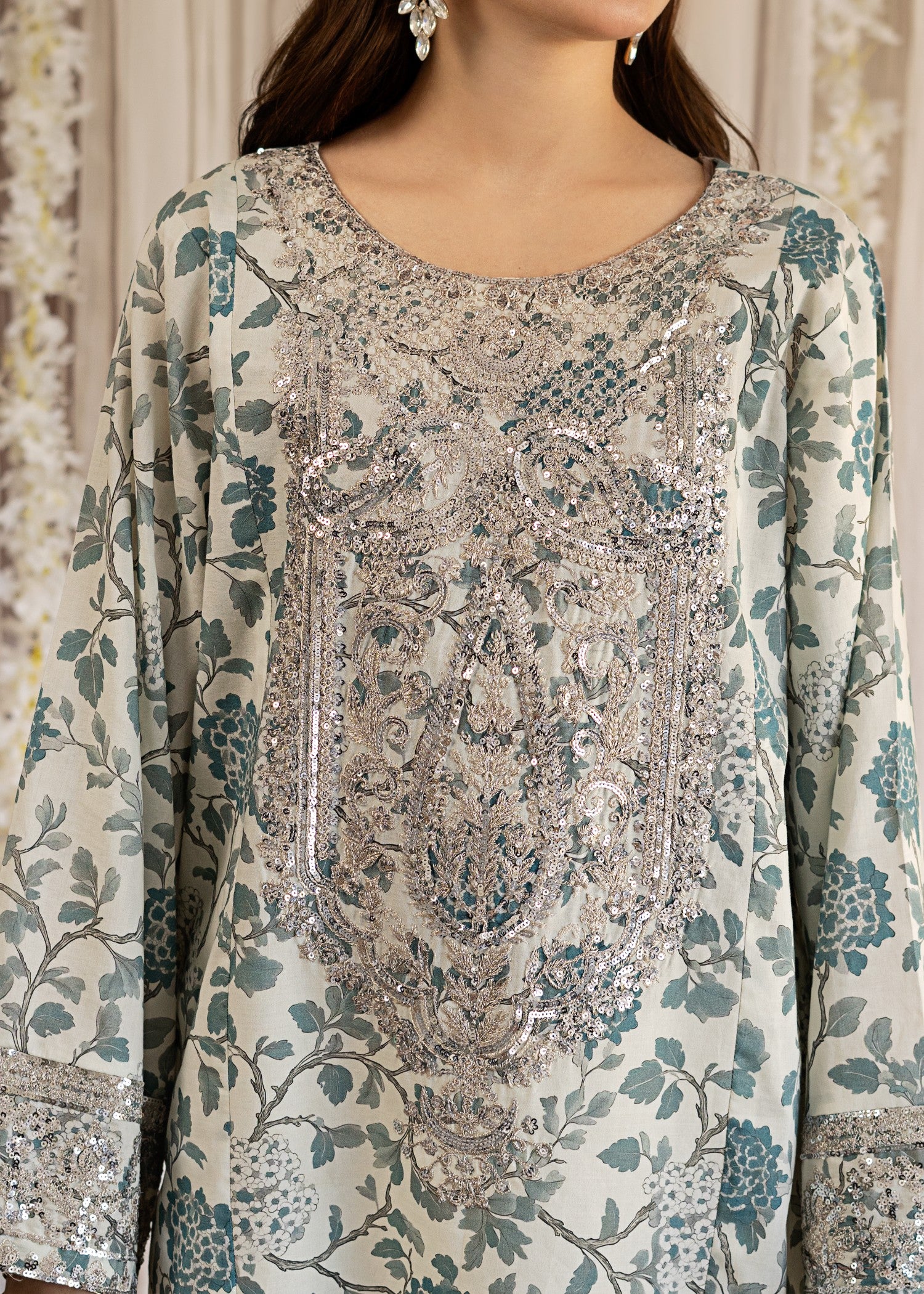 lawn Kurta Set in Off-white, steel blue