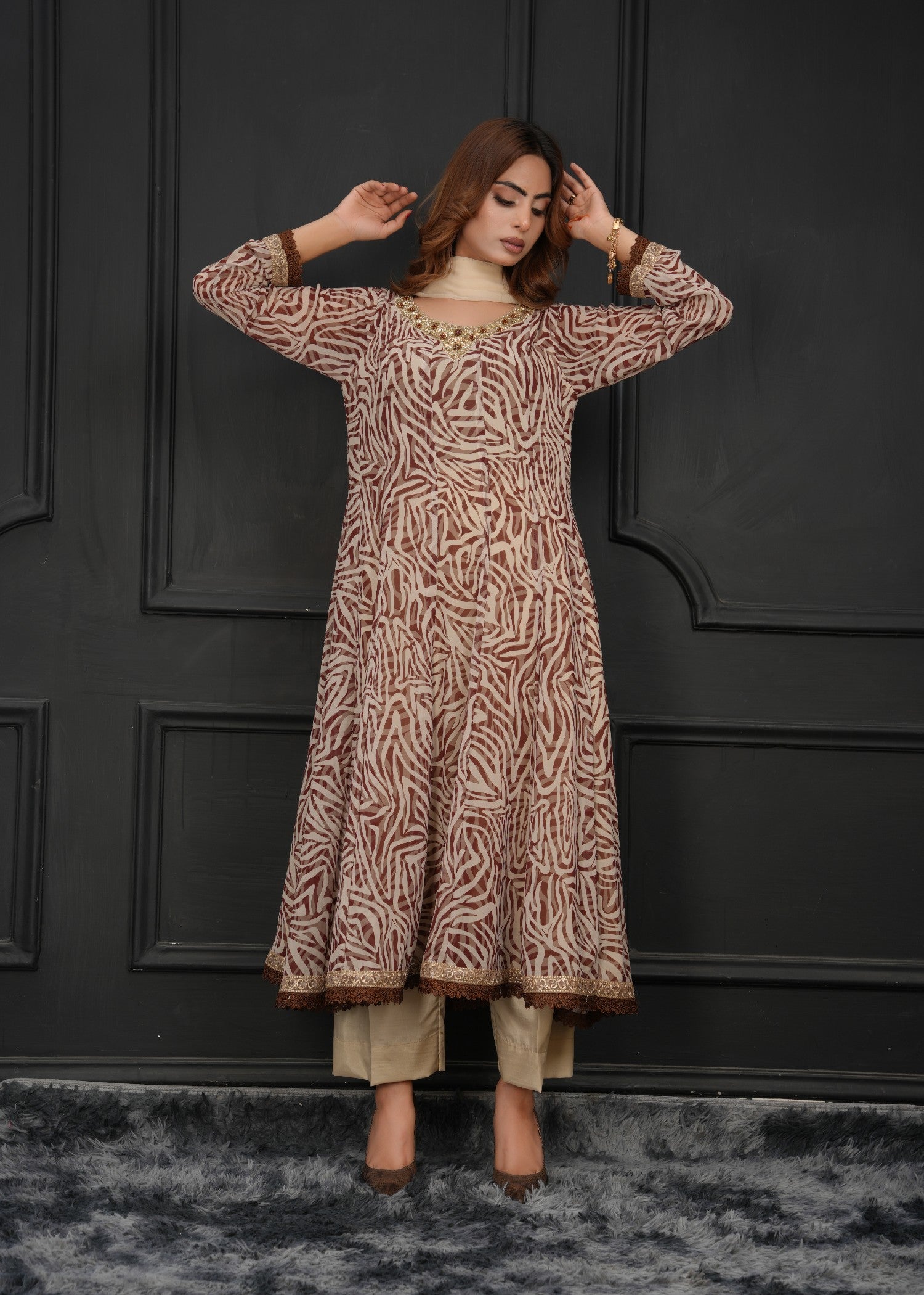 georgette Anarkali in Maroon, camel brown