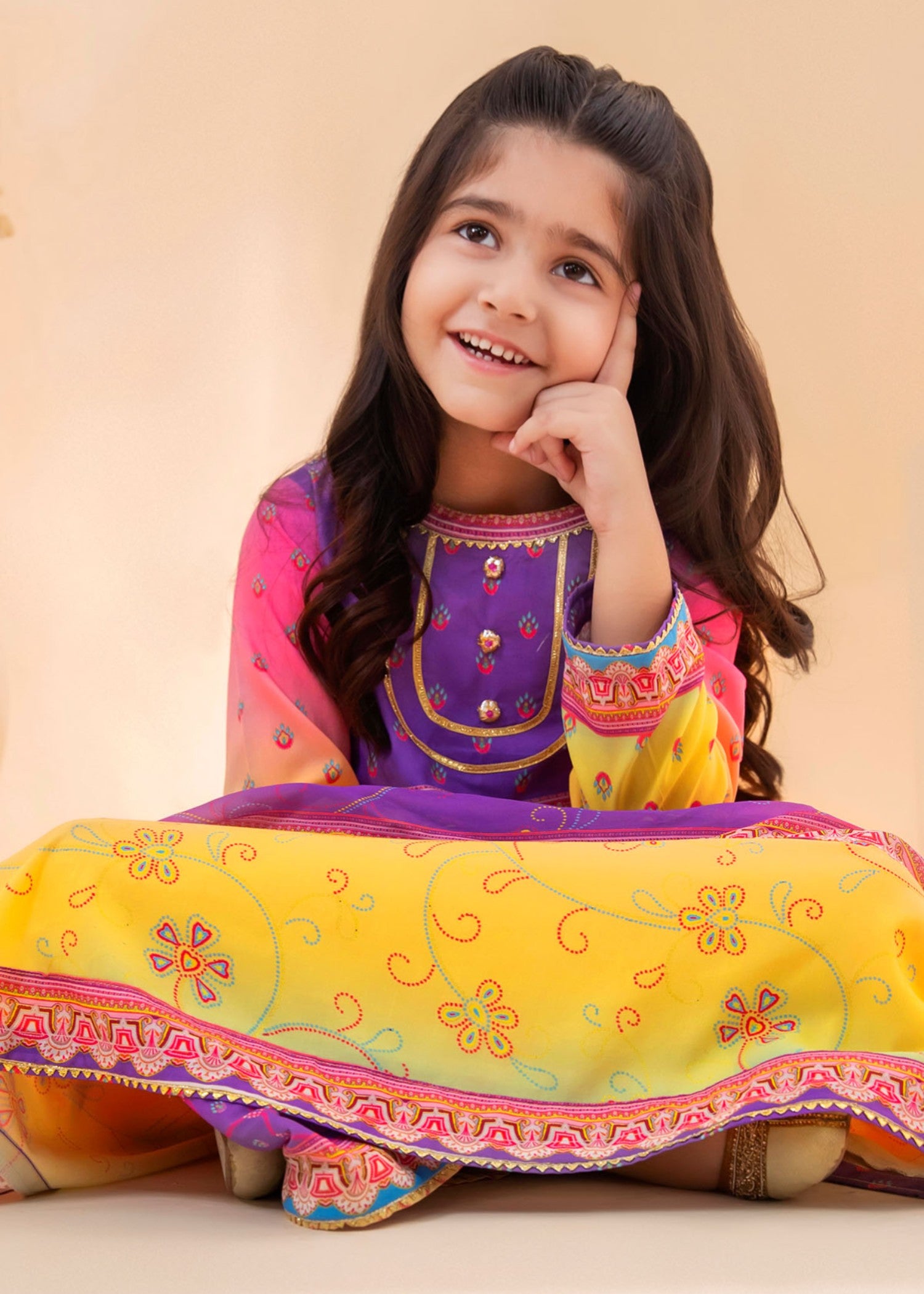 poly lawn Anarkali in Purple, lemon, hot pink red