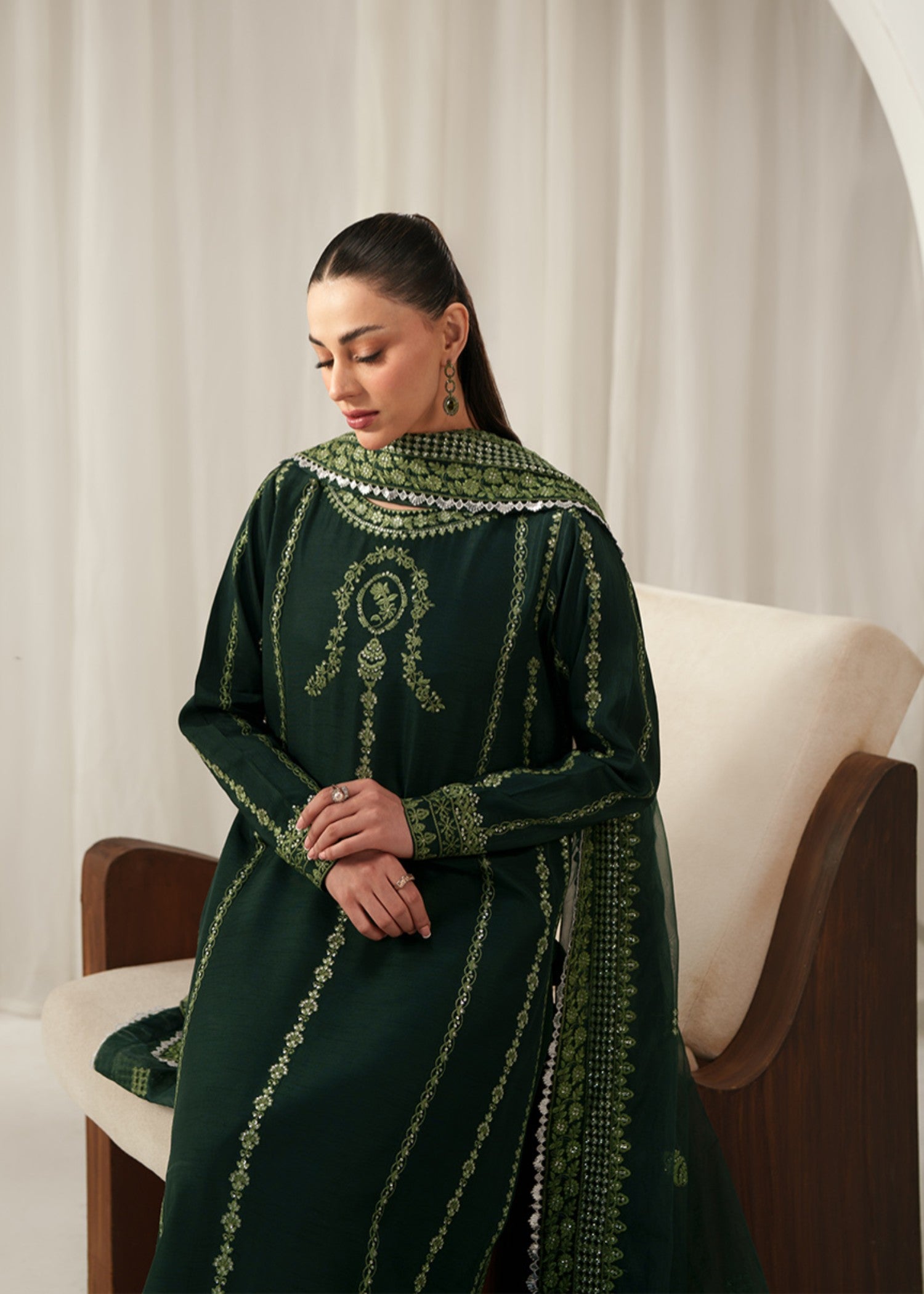 korean raw silk Kurta Set in Dark green
