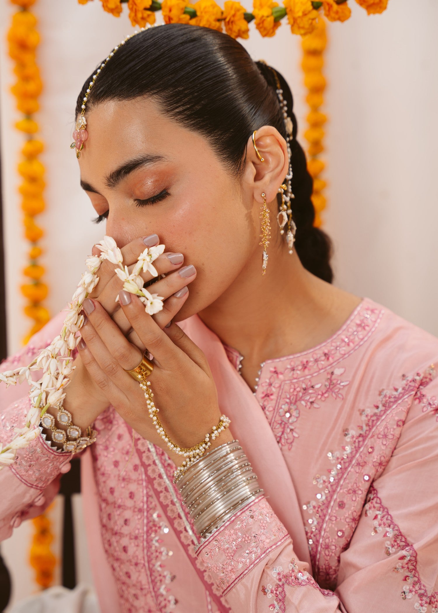raw silk Pishwas in Pastel pink