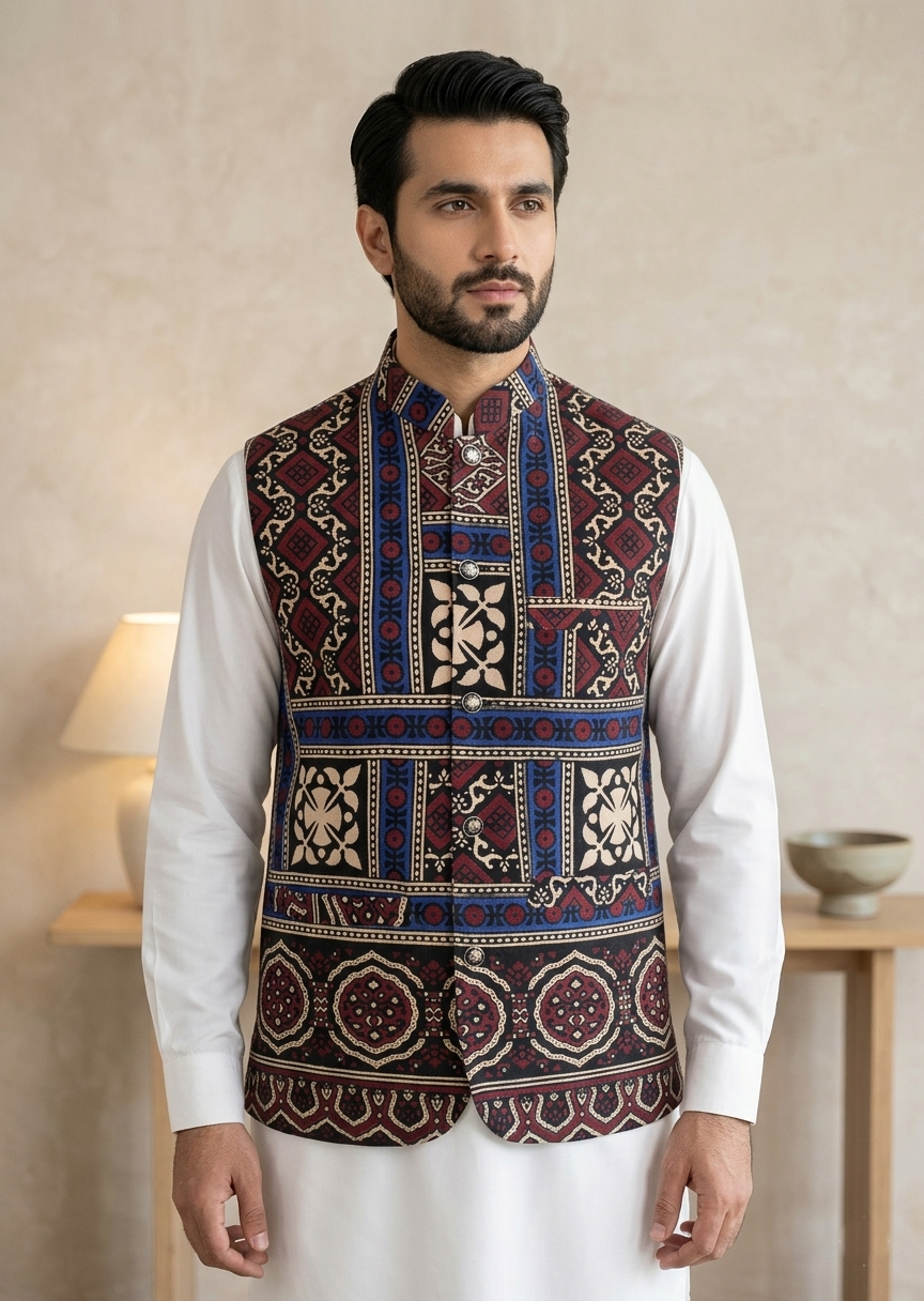 worsted wool Waistcoat in Blue, red, white