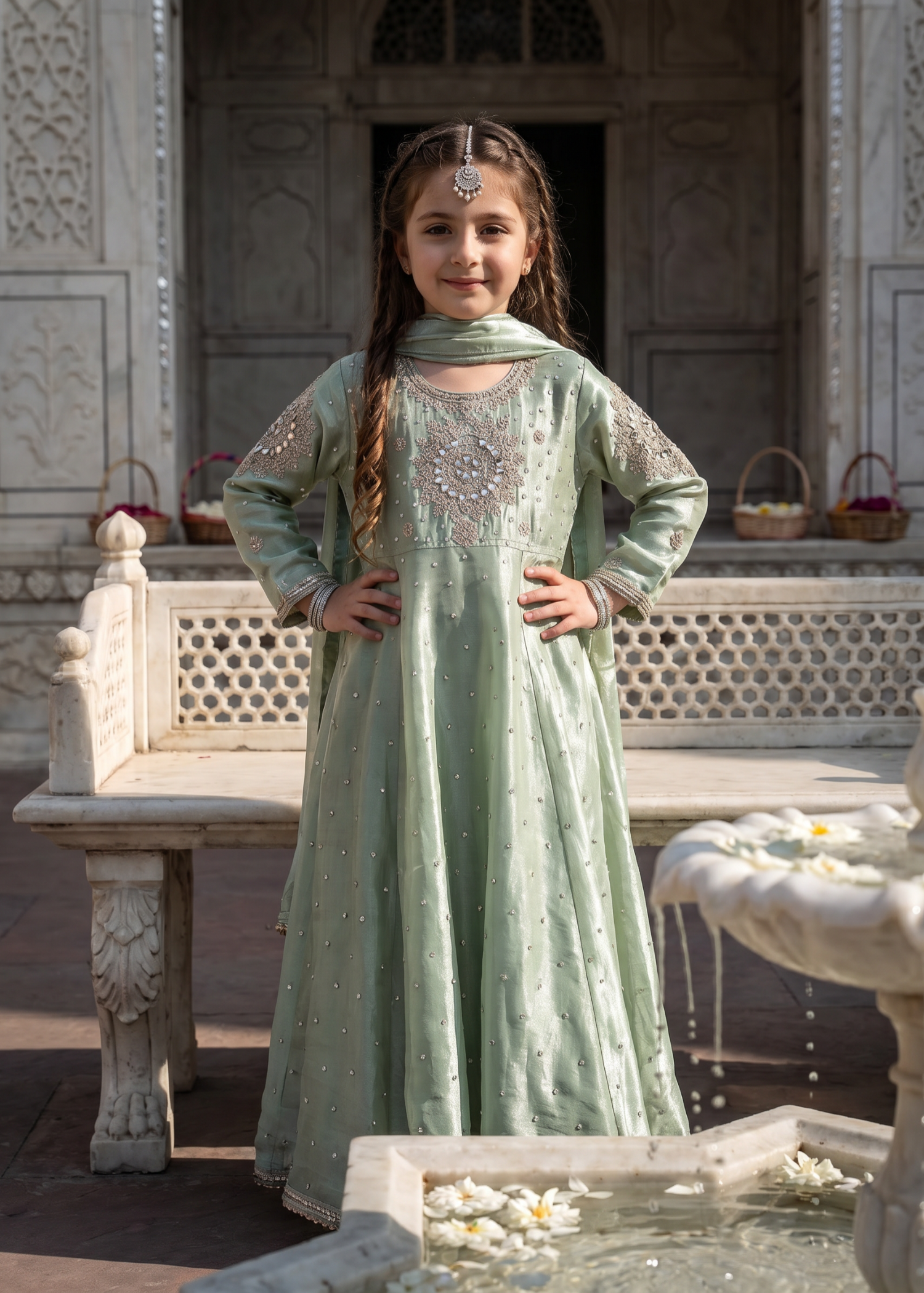 tissue silk Pishwas in Pistachio green