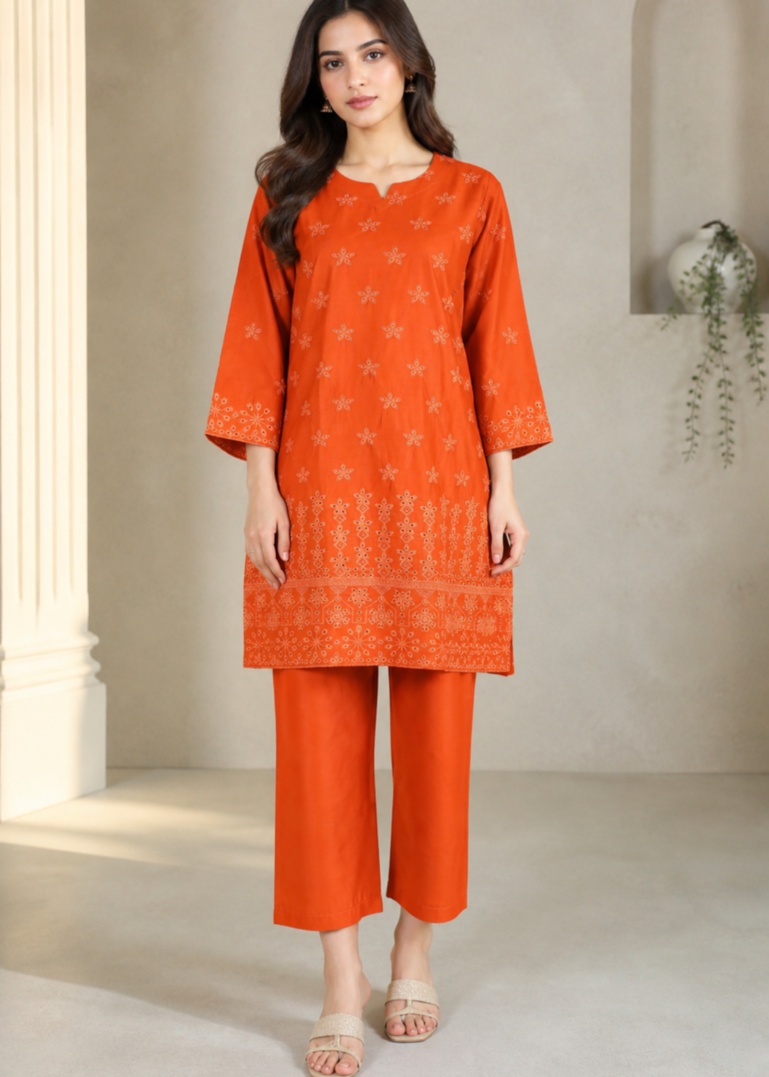 chikankari cotton Kurta Set in Orange