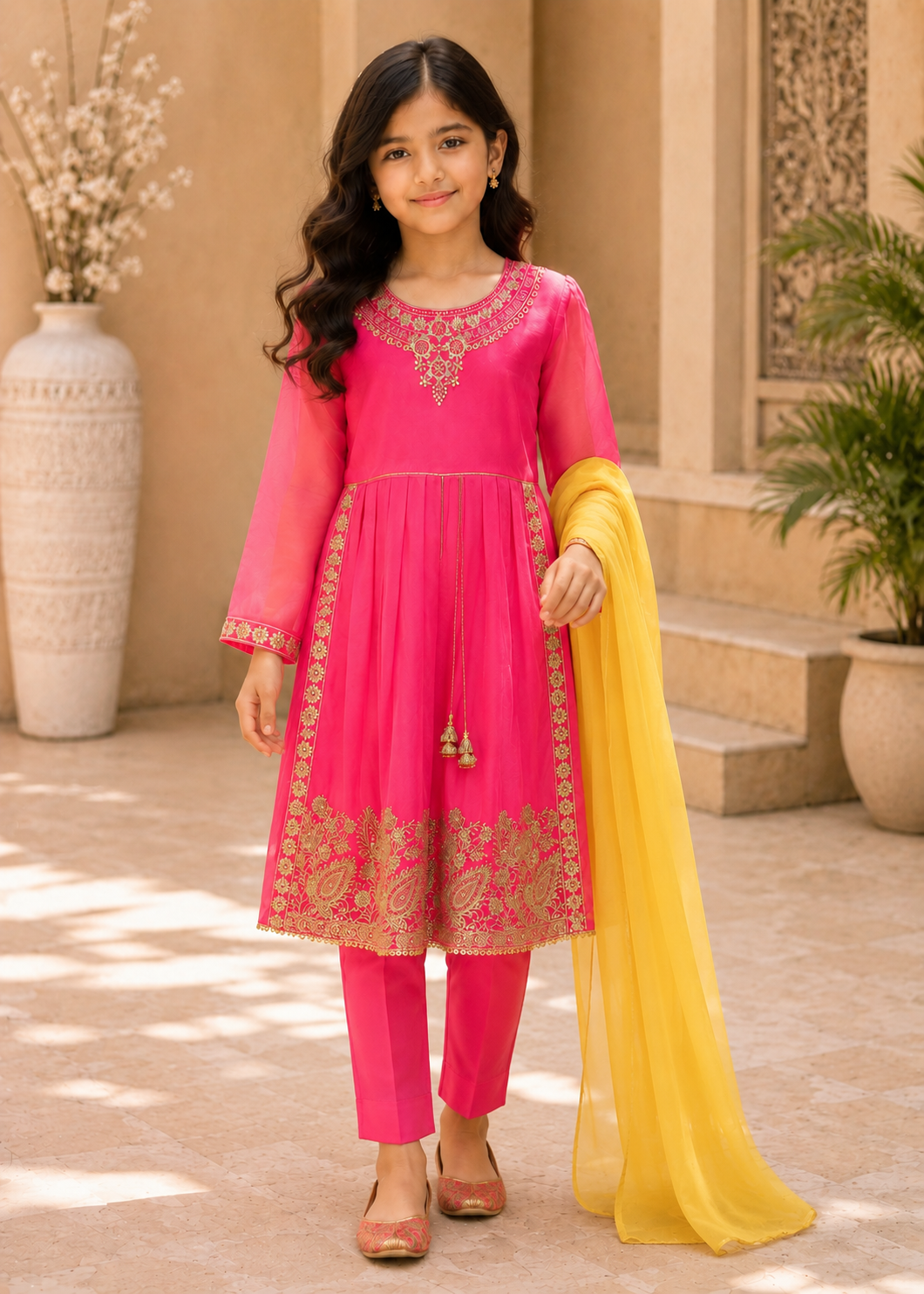 chiffon Short Frock in Shocking pink