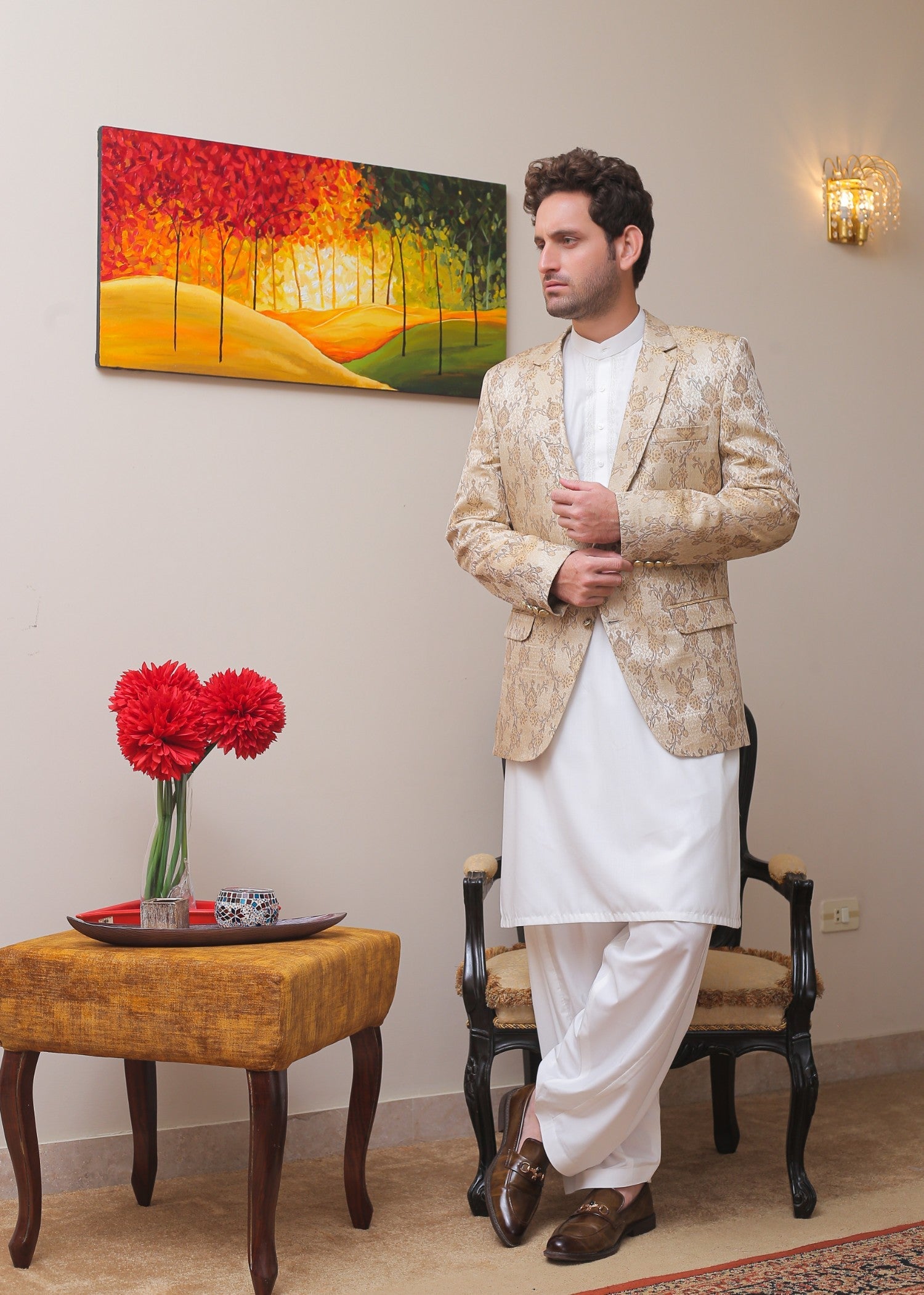 banarsi silk Prince Coat in Beige