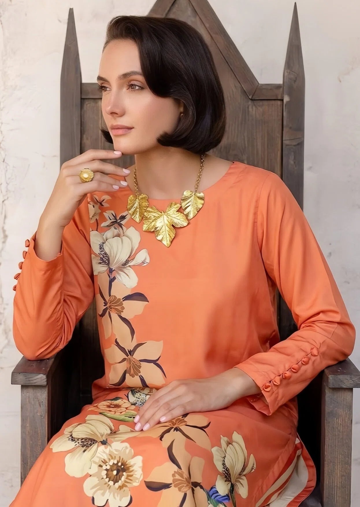 poly lawn Kurta Set in Coral orange