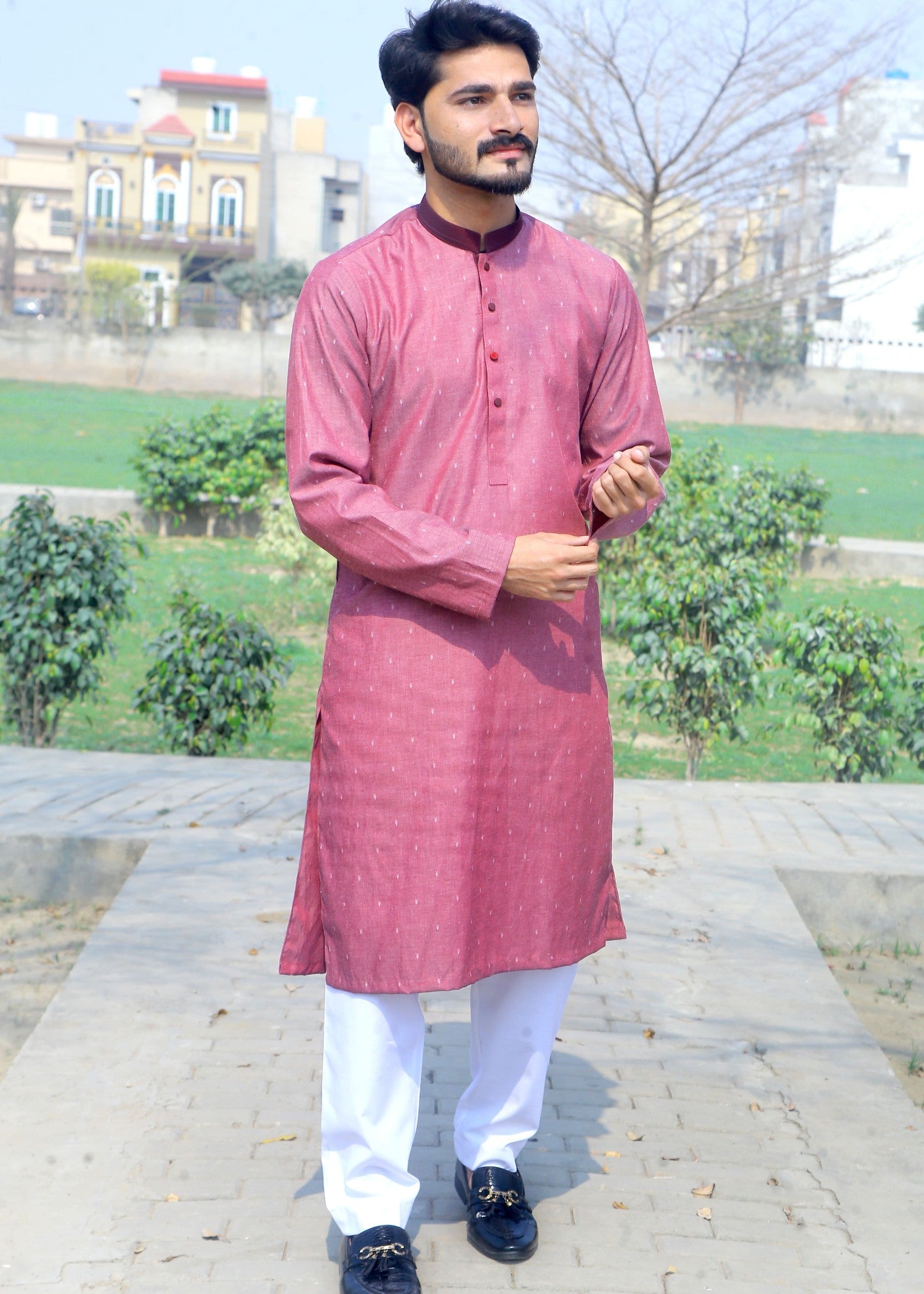 cotton jacquard Kurta in Ruby red