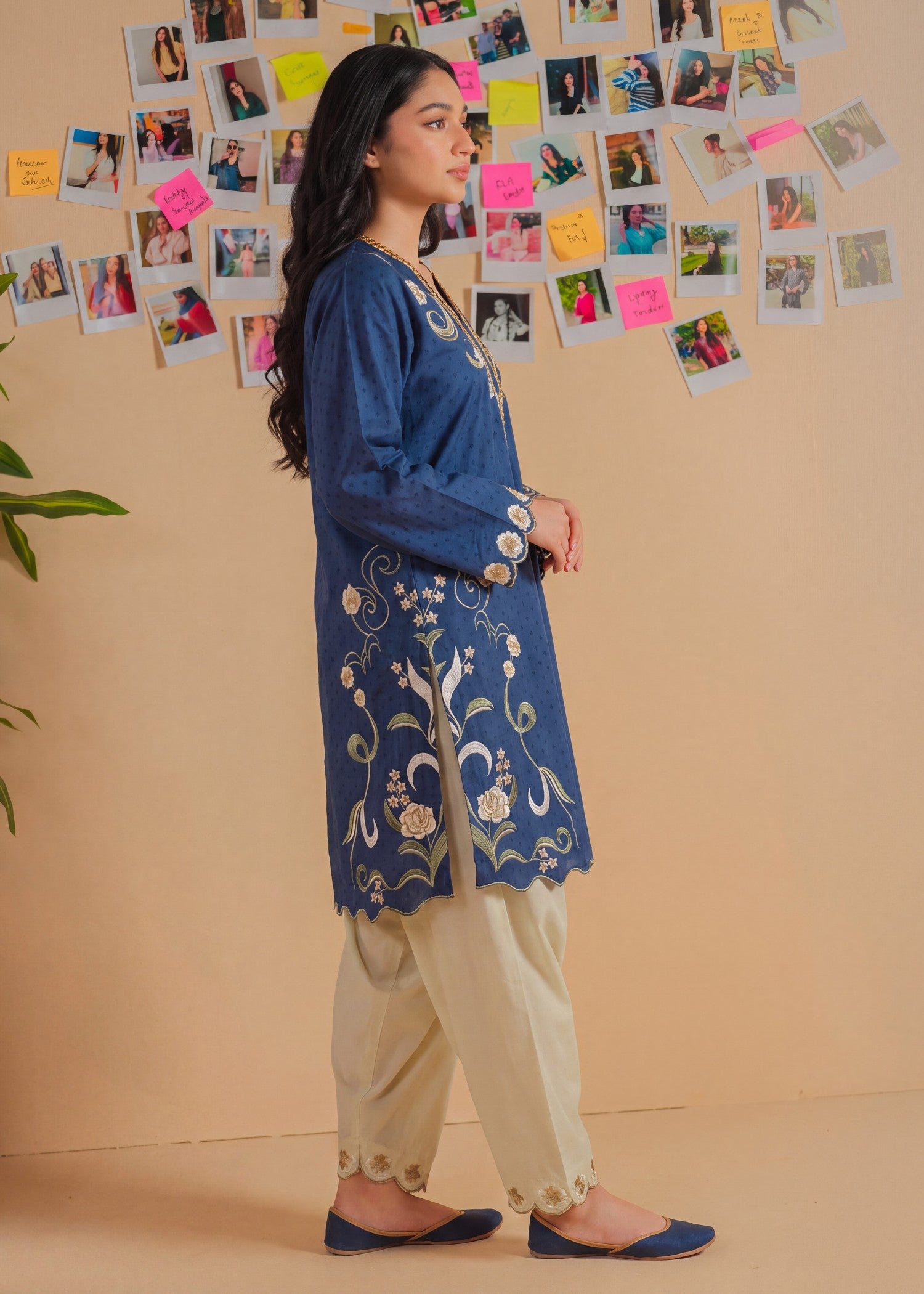 textured lawn Kurta Set in Navy blue