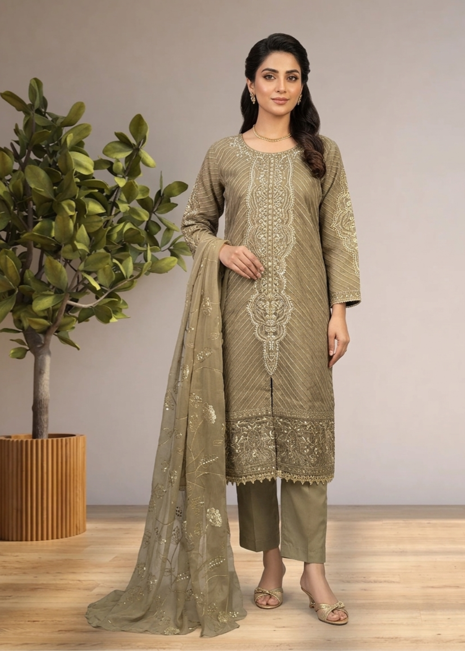 organza Kurta Set in Khaki brown