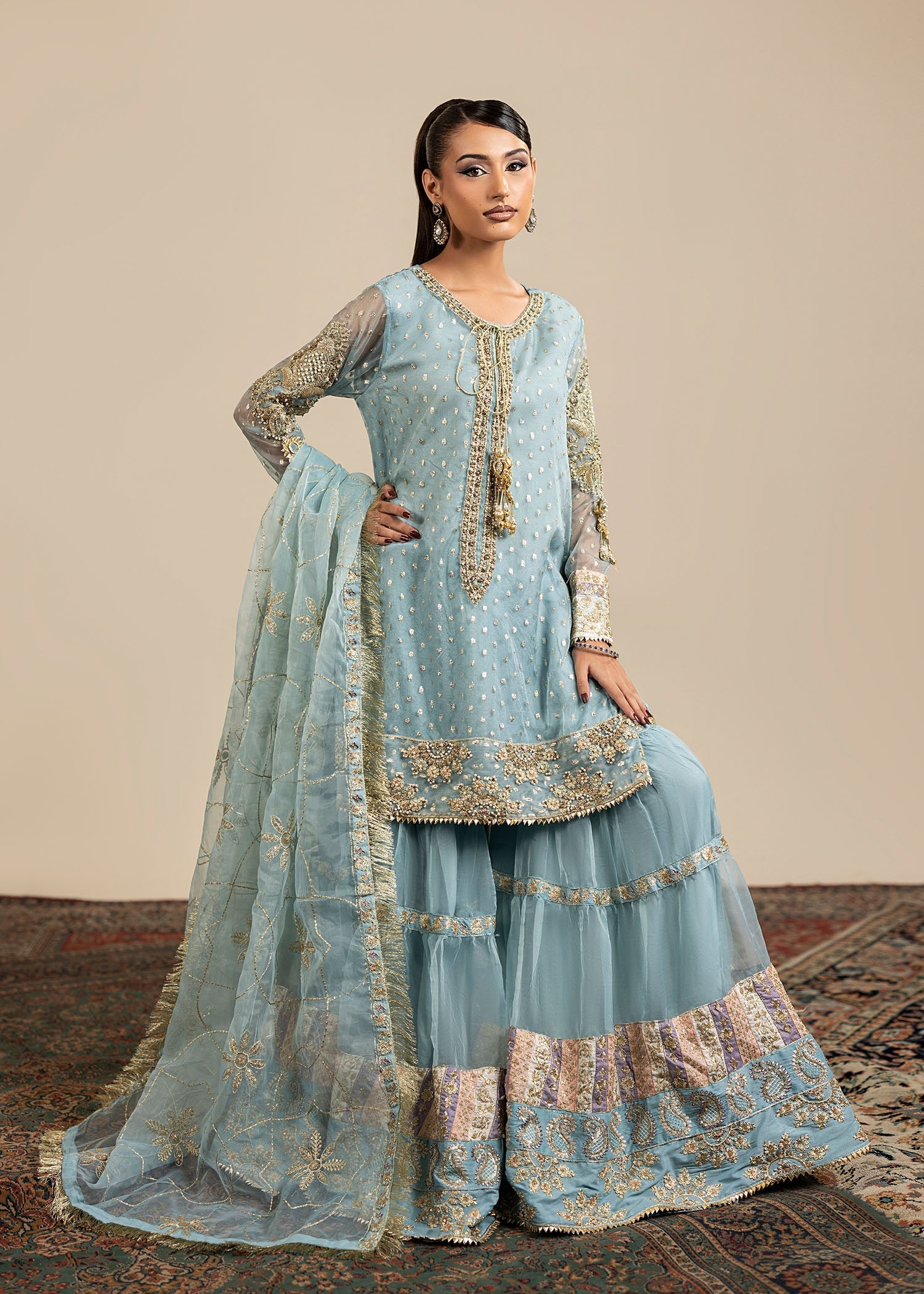 organza Gharara in Ice blue
