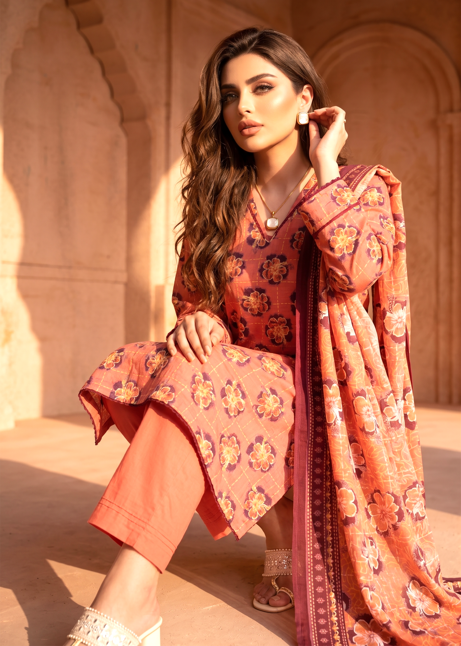 lawn Kurta Set in Coral red