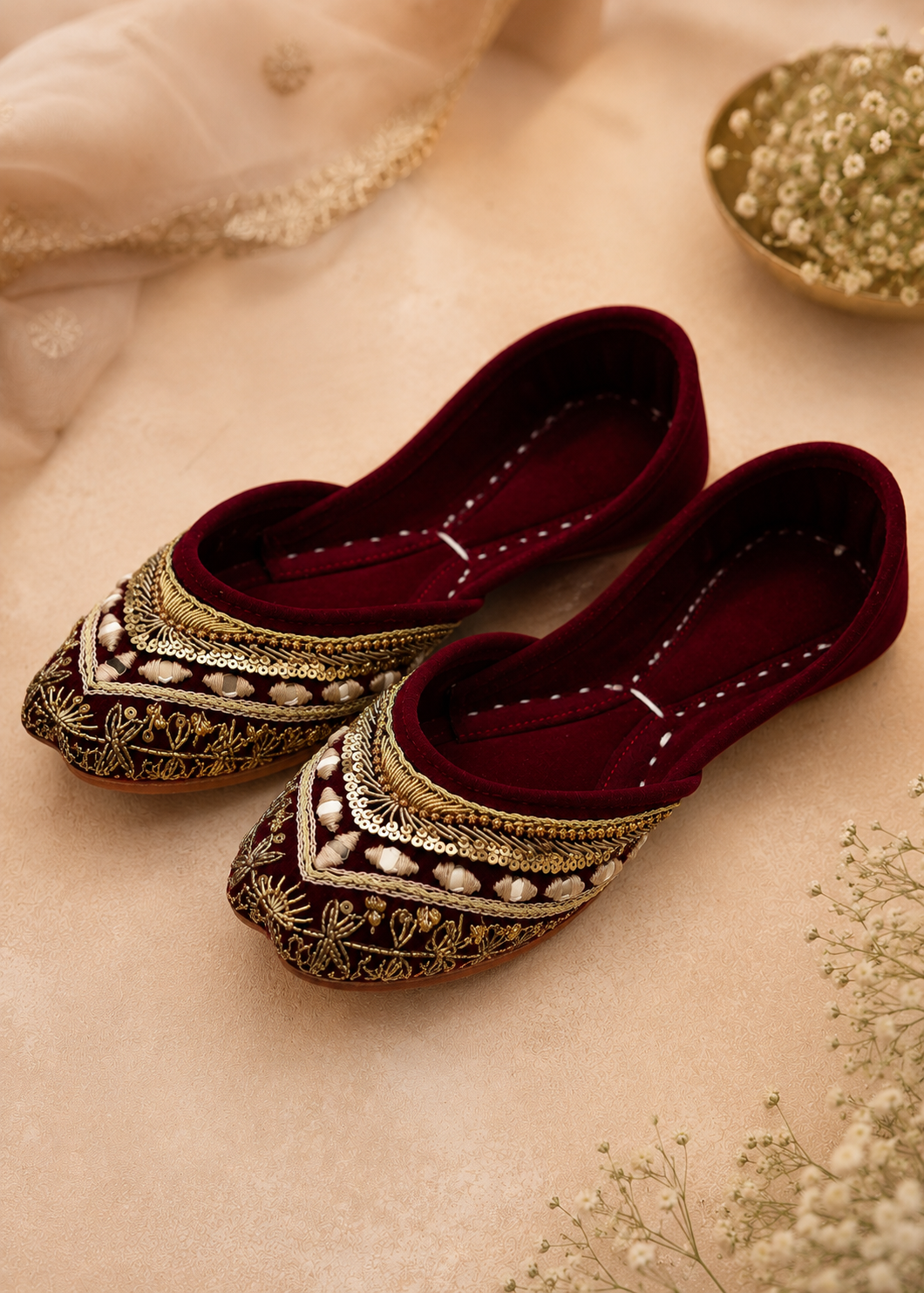 Khussa in Maroon, gold by - High Quality Women Khussa YSG3451