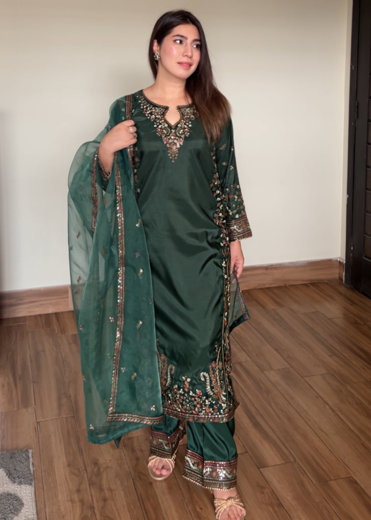silk Kurta Set in Dark green
