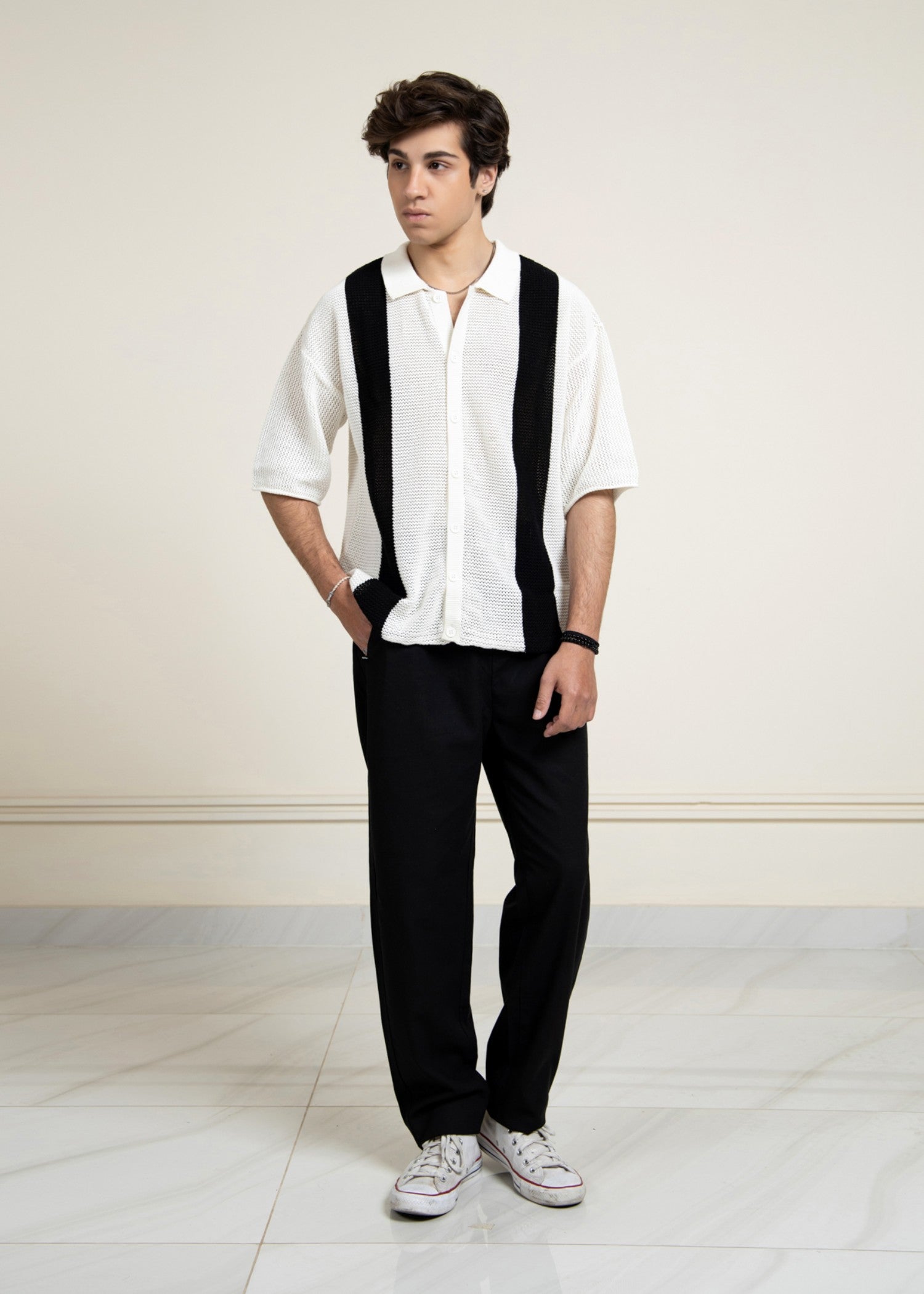 jersey knit Polo Shirt in Black, white