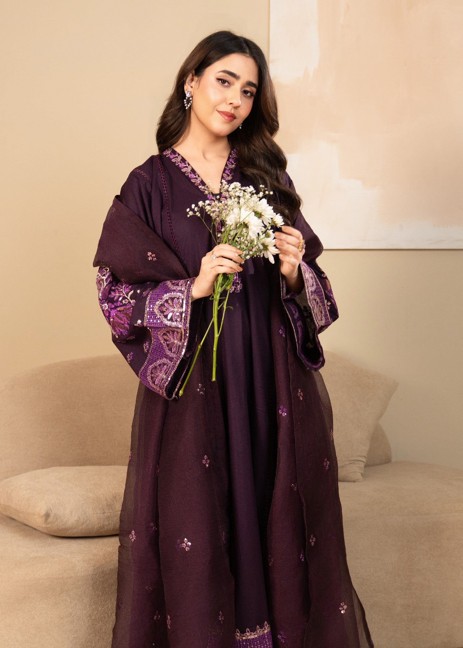 lawn cotton Pishwas in Deep purple